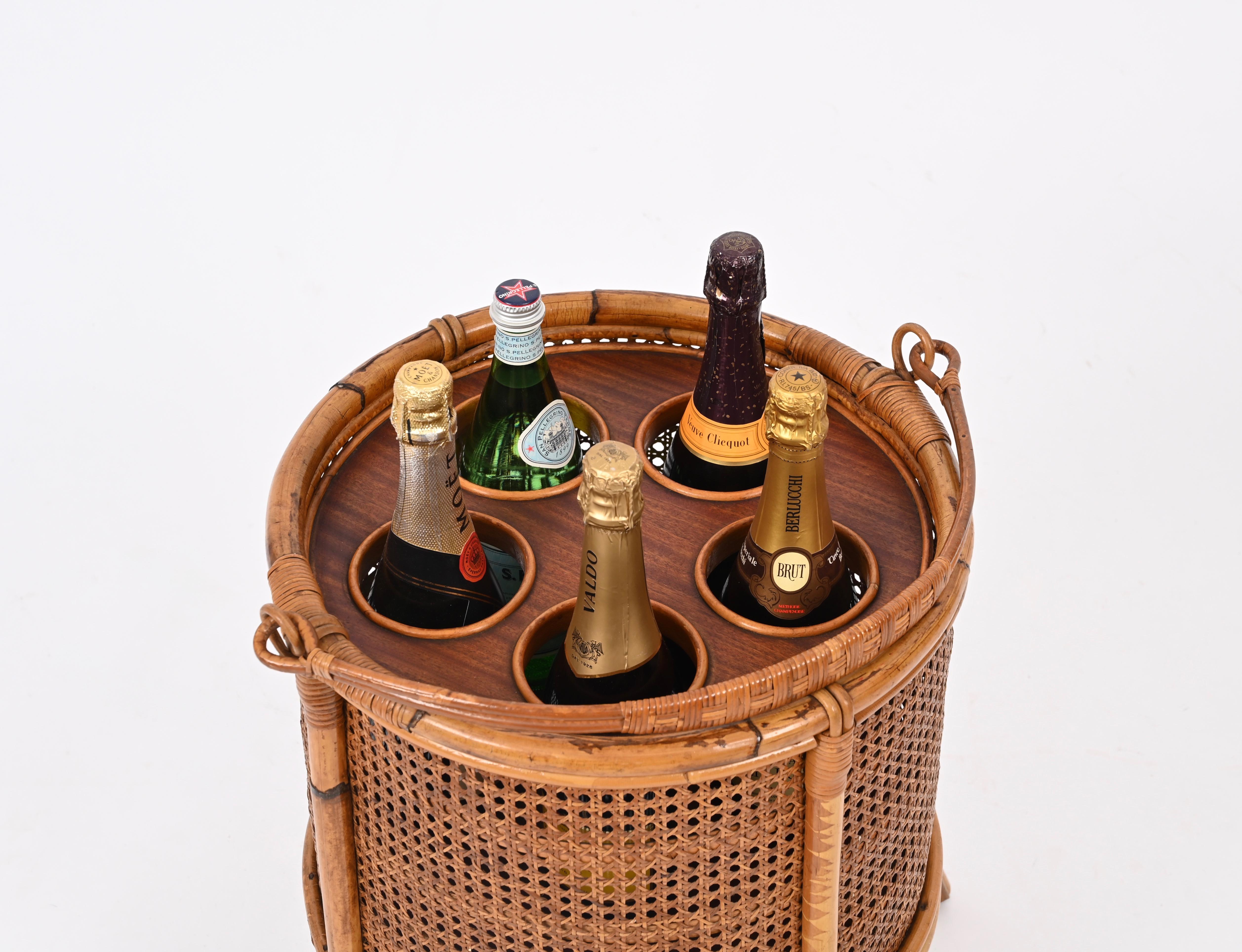 French Riviera Bottle Rack in Rattan, Vienna Straw and Walnut, Italy 1960s 3