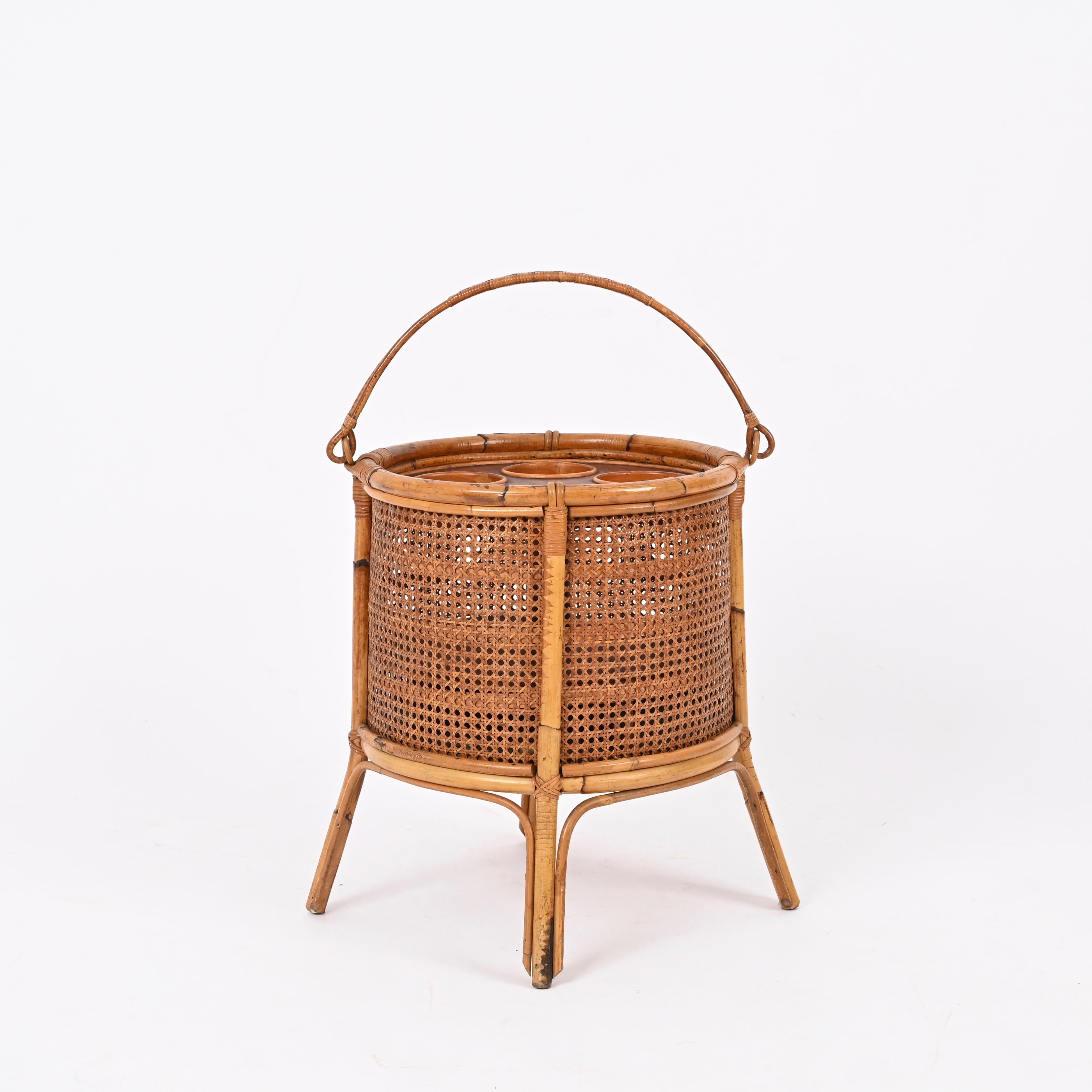 French Riviera Bottle Rack in Rattan, Vienna Straw and Walnut, Italy 1960s 4