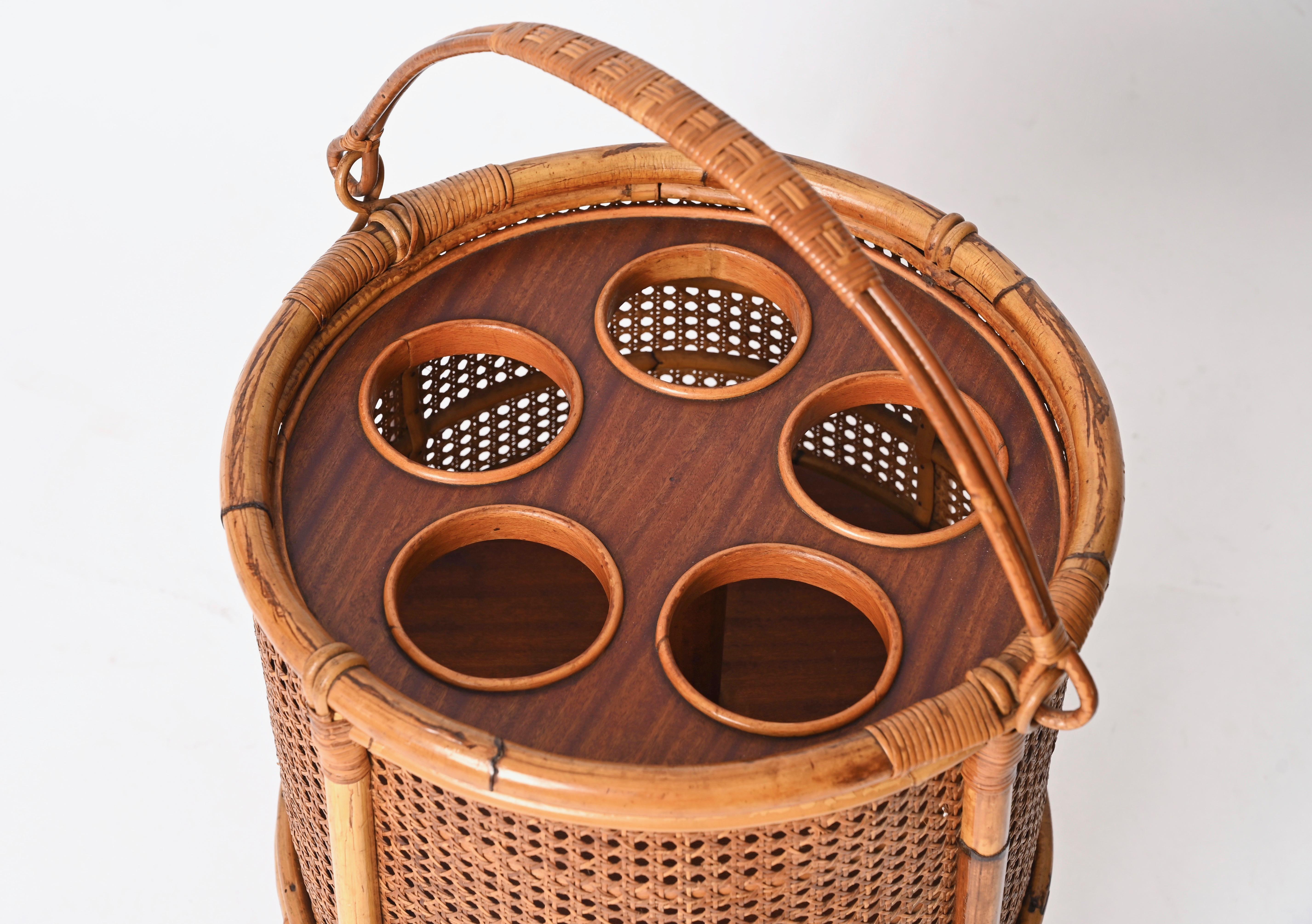 French Riviera Bottle Rack in Rattan, Vienna Straw and Walnut, Italy 1960s 7