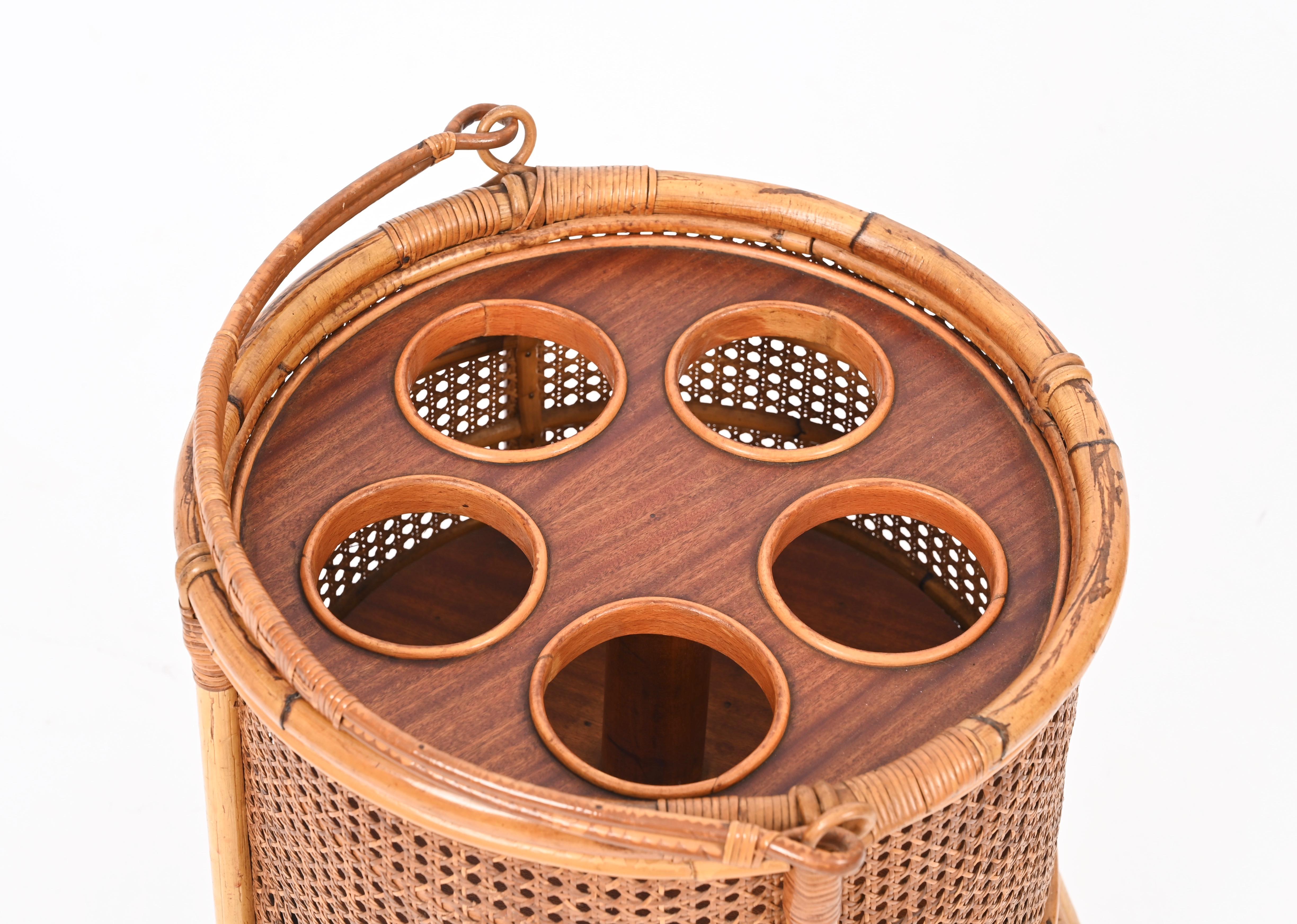 Hand-Crafted French Riviera Bottle Rack in Rattan, Vienna Straw and Walnut, Italy 1960s
