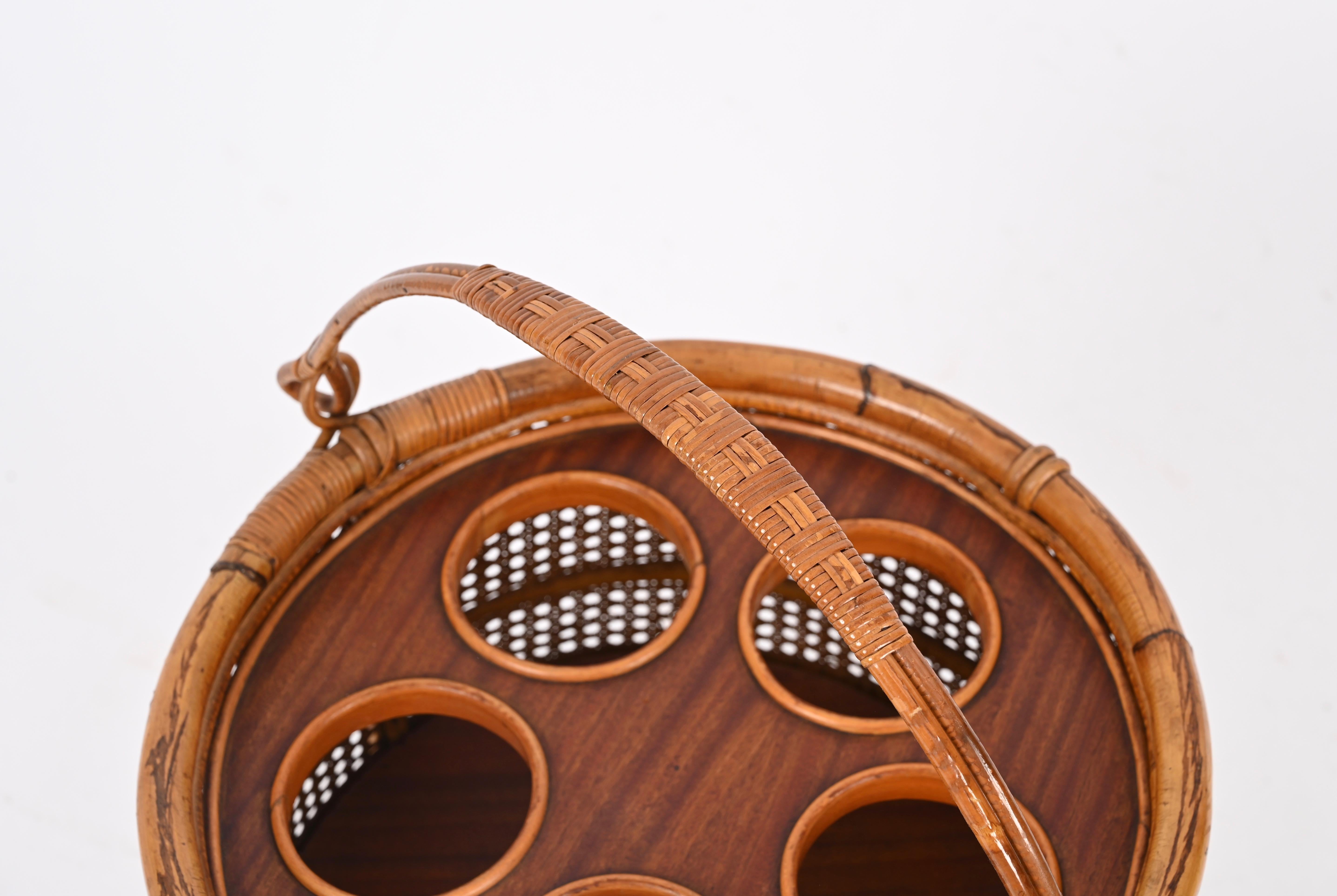 Bamboo French Riviera Bottle Rack in Rattan, Vienna Straw and Walnut, Italy 1960s