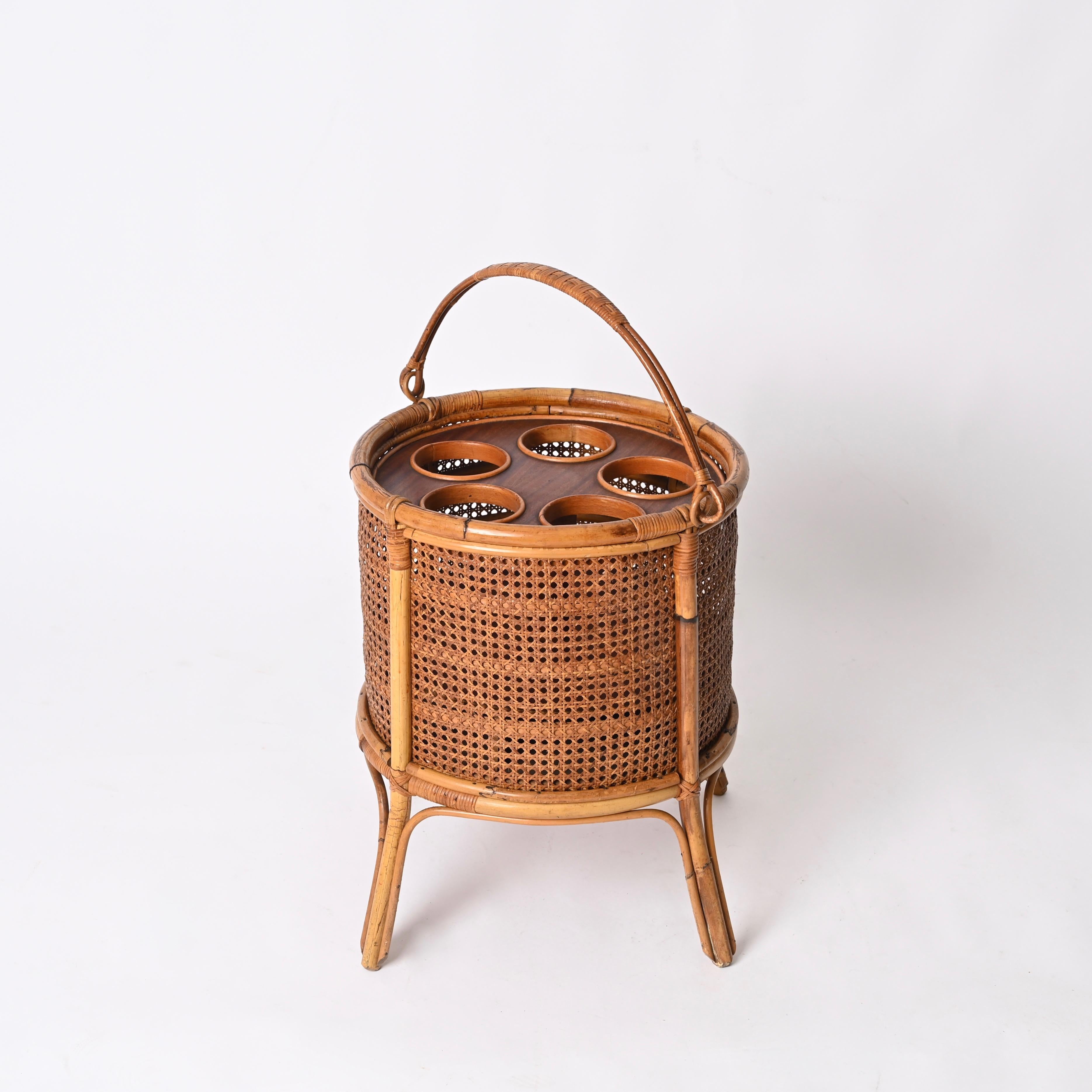 French Riviera Bottle Rack in Rattan, Vienna Straw and Walnut, Italy 1960s 1