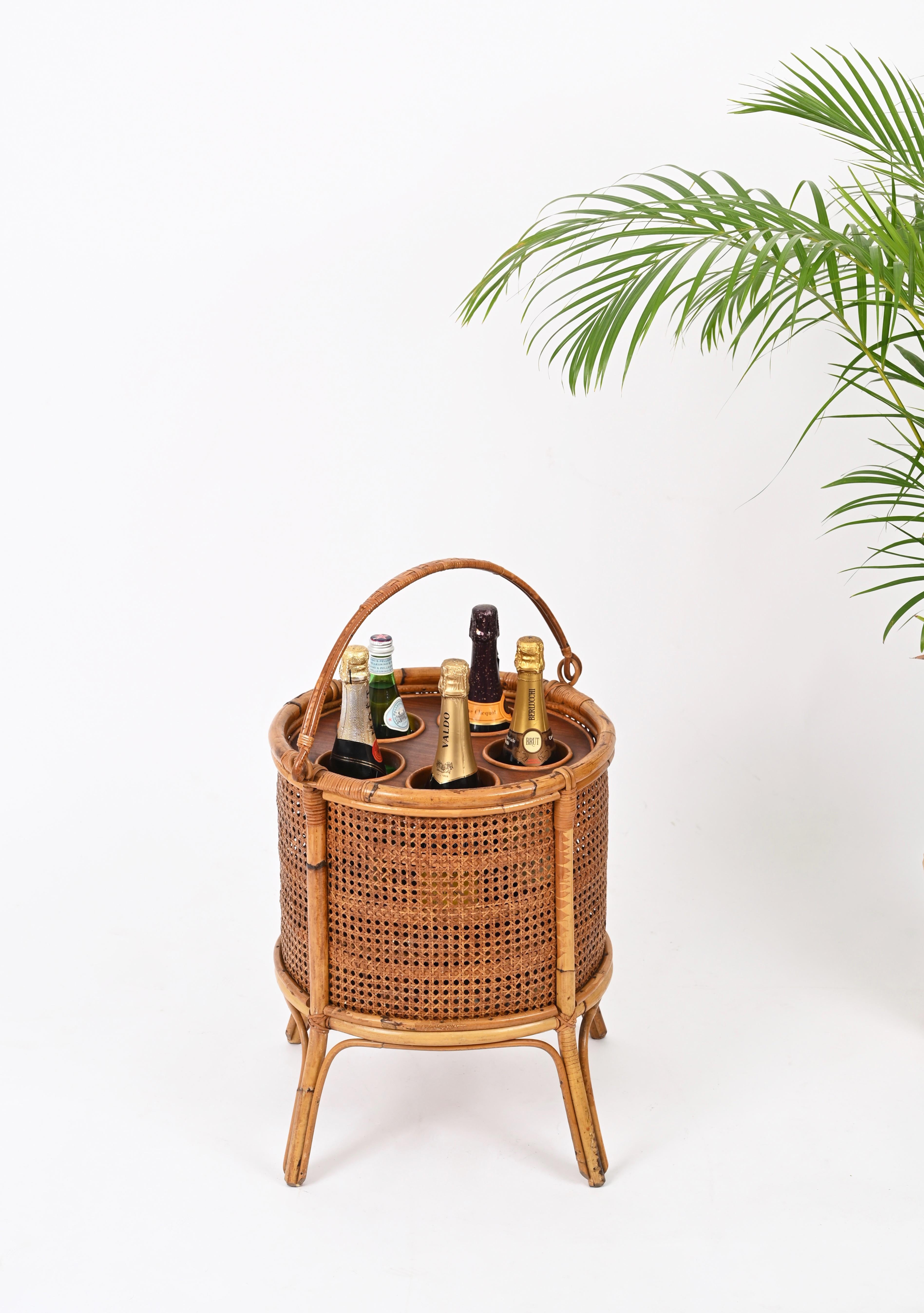 French Riviera Bottle Rack in Rattan, Vienna Straw and Walnut, Italy 1960s 2
