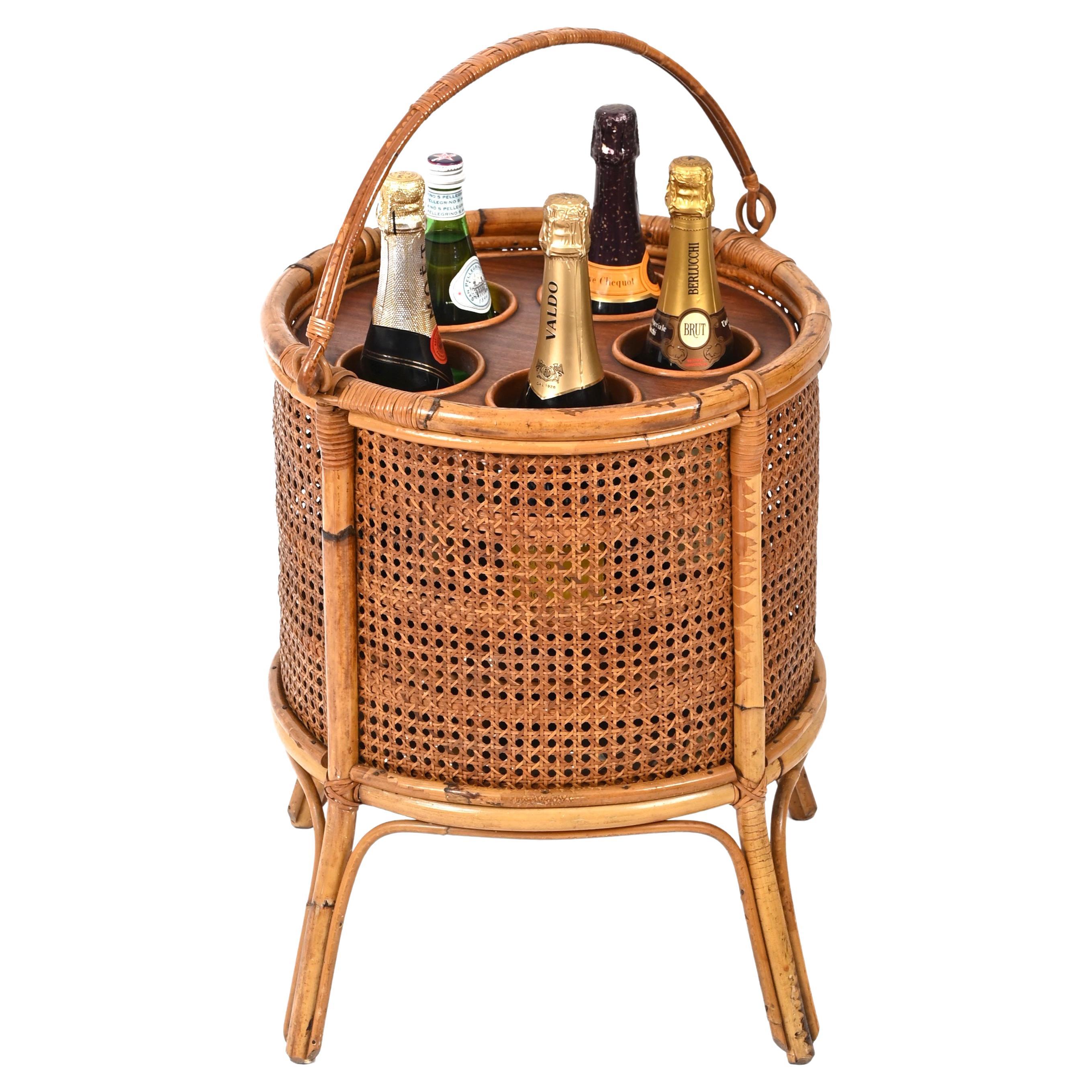 French Riviera Bottle Rack in Rattan, Vienna Straw and Walnut, Italy 1960s