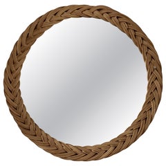 French Riviera Braided Wicker Round Wall Mirror, Rattan, 1960s