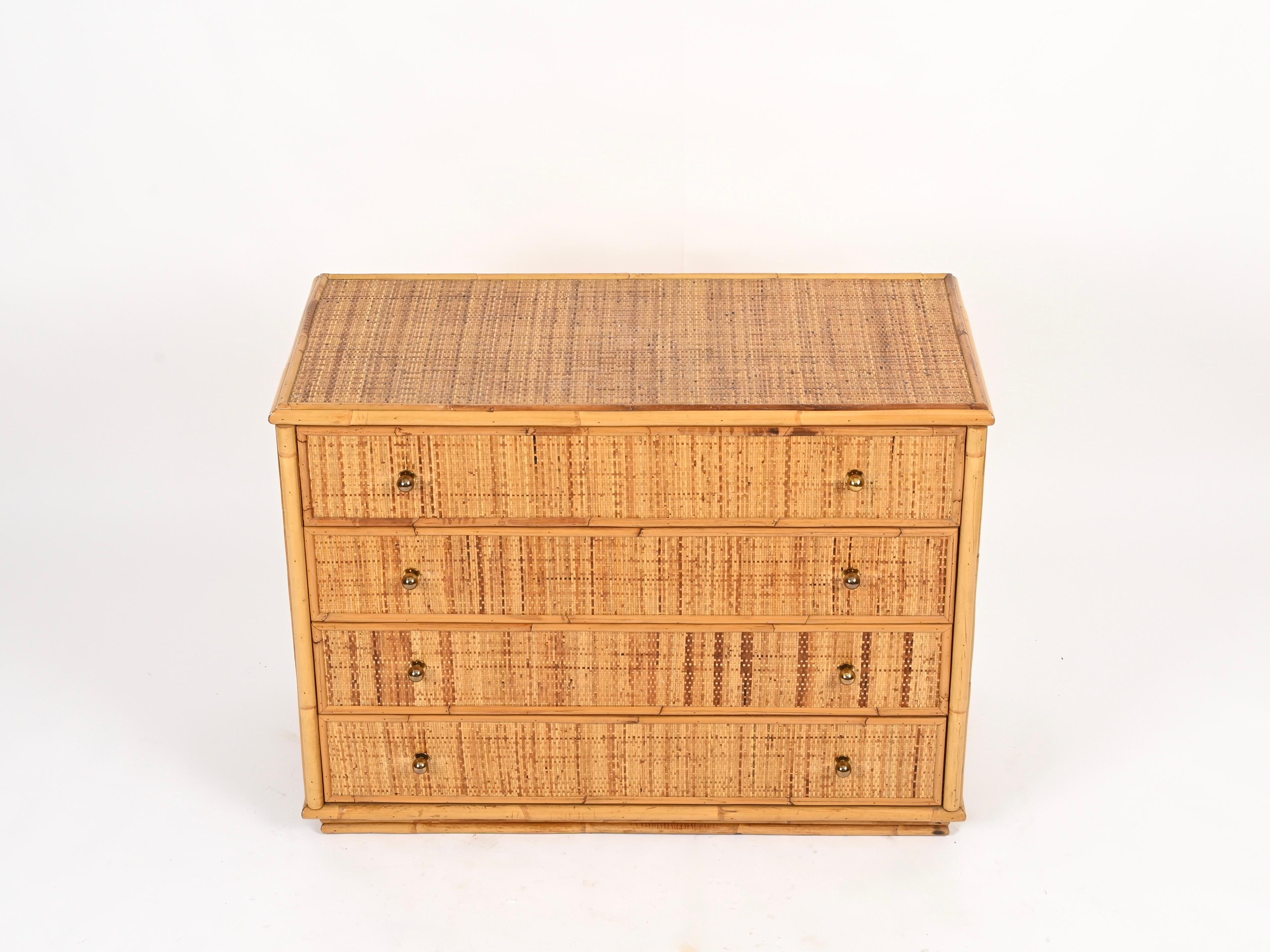 Cassettiera French Riviera in rattan, bambù e ottone, Italia, anni '70 3