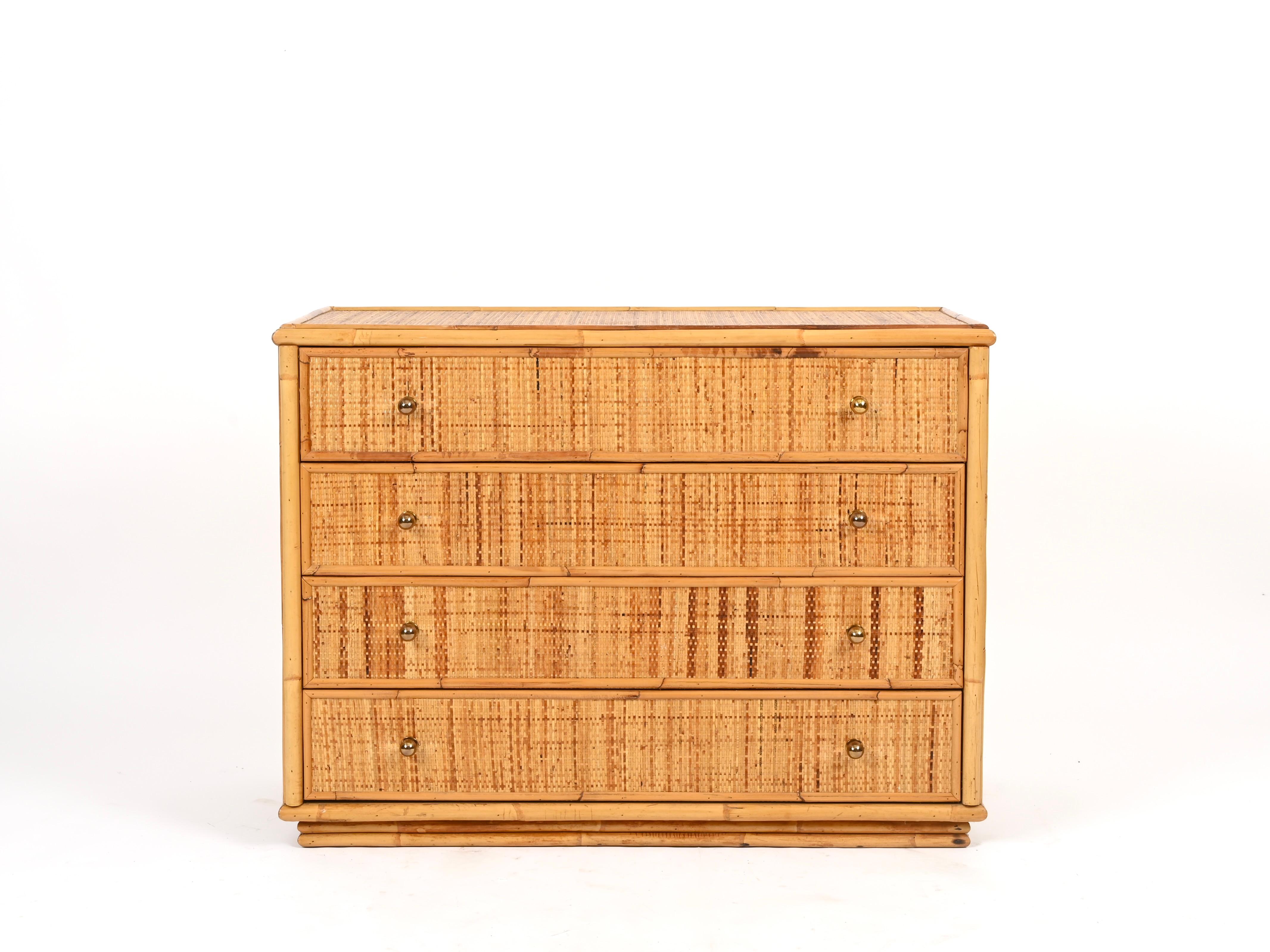 Mid-Century moderno Cassettiera French Riviera in rattan, bambù e ottone, Italia, anni '70