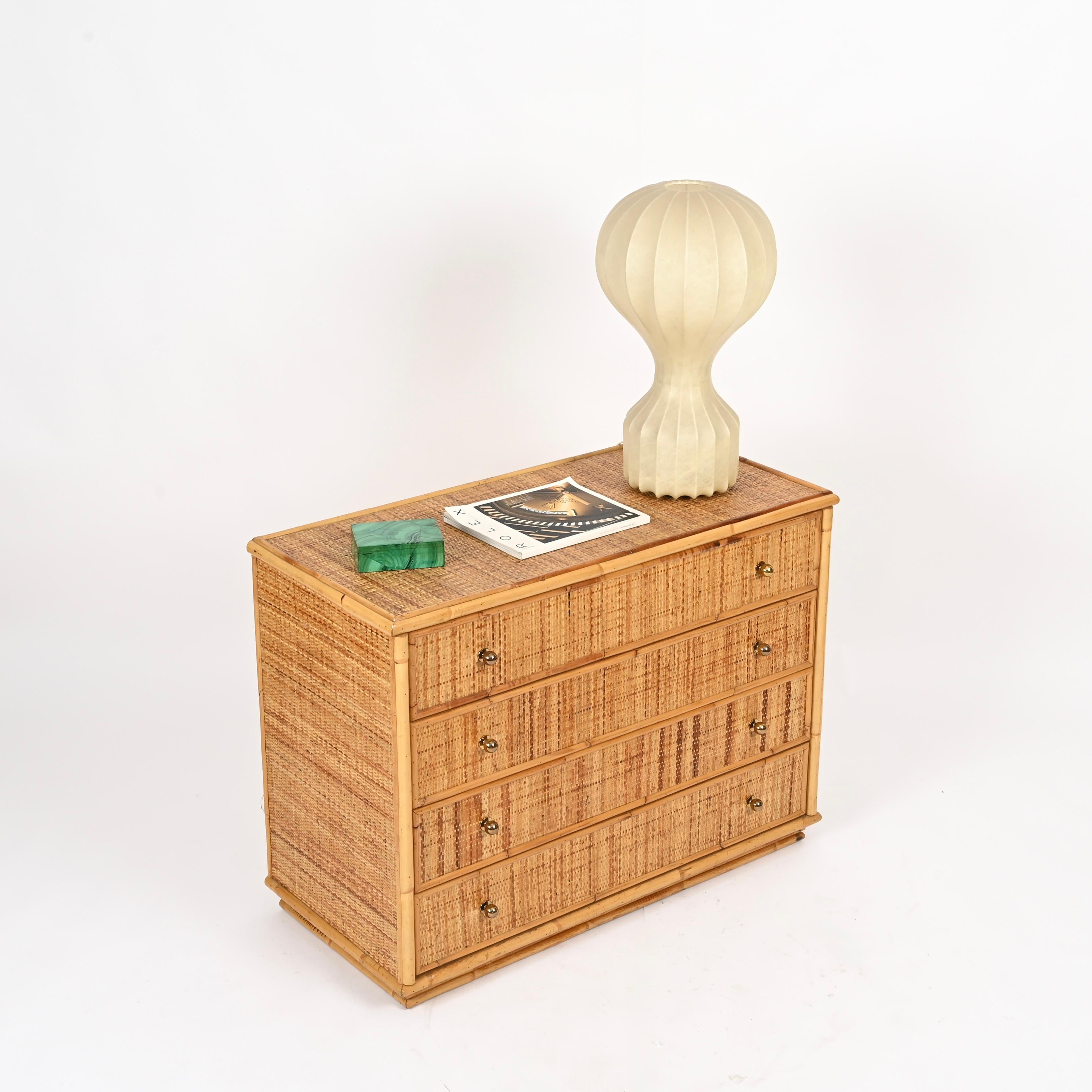 Italiano Cassettiera French Riviera in rattan, bambù e ottone, Italia, anni '70