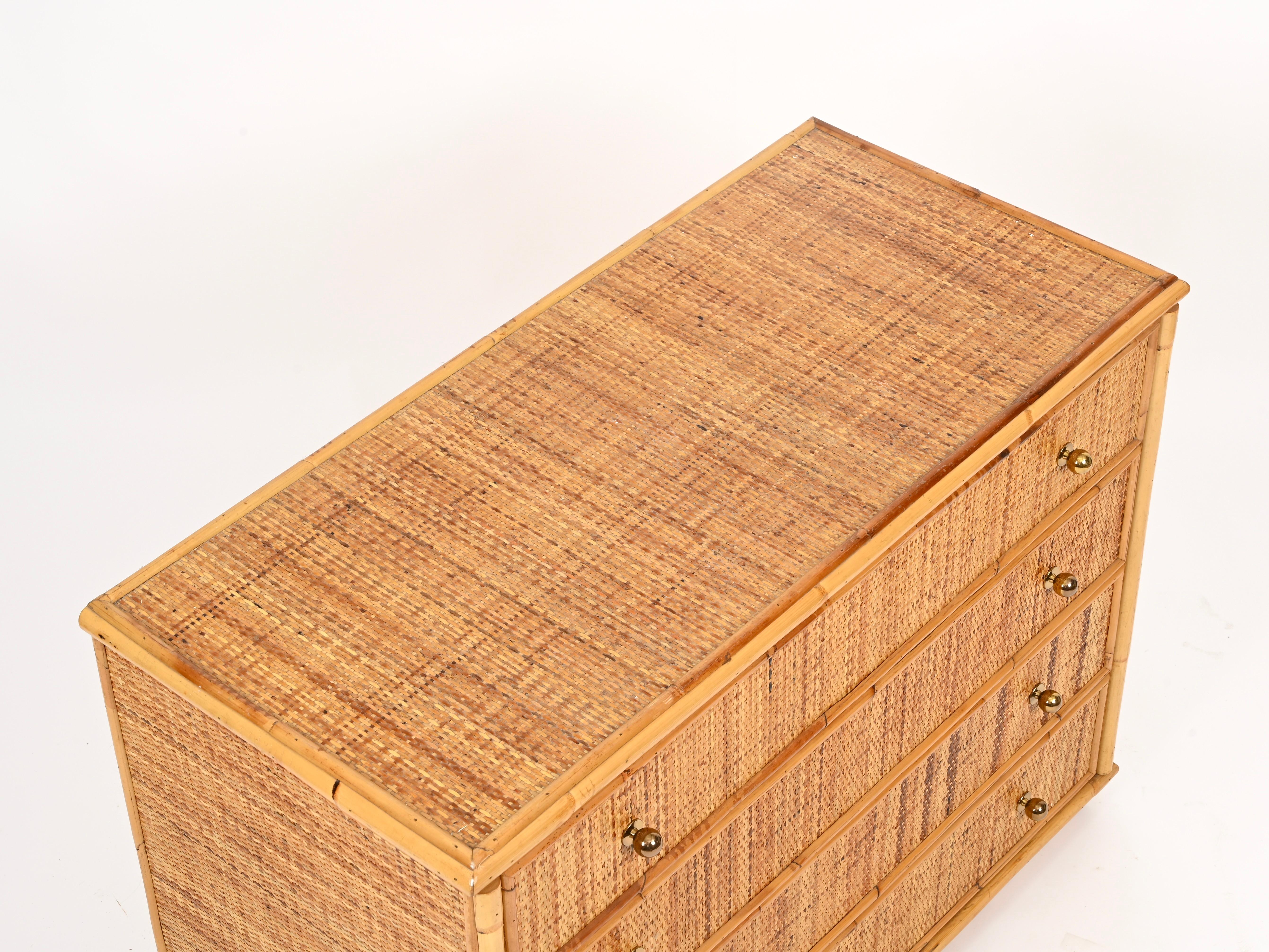 XX secolo Cassettiera French Riviera in rattan, bambù e ottone, Italia, anni '70