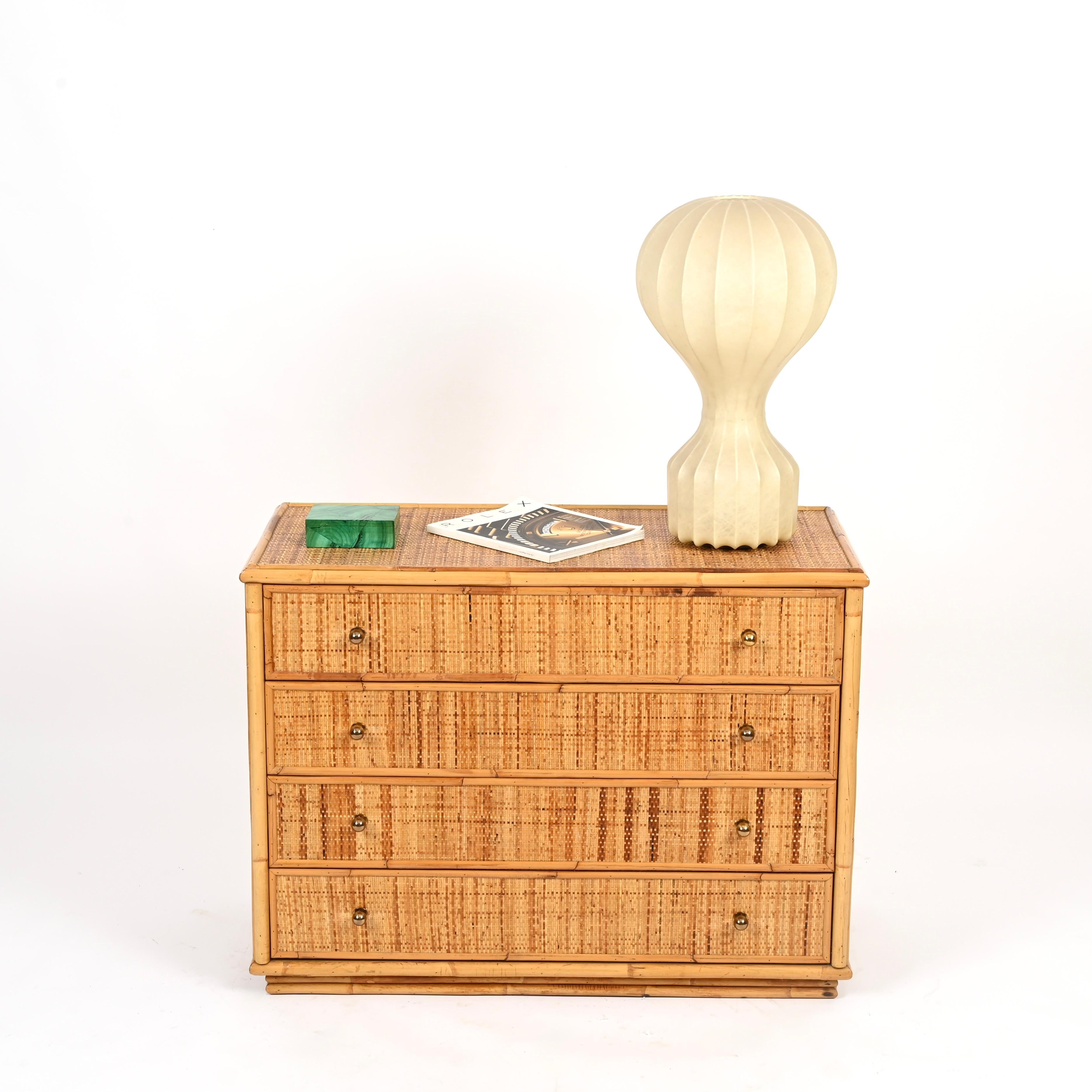 Bambù Cassettiera French Riviera in rattan, bamb�ù e ottone, Italia, anni '70