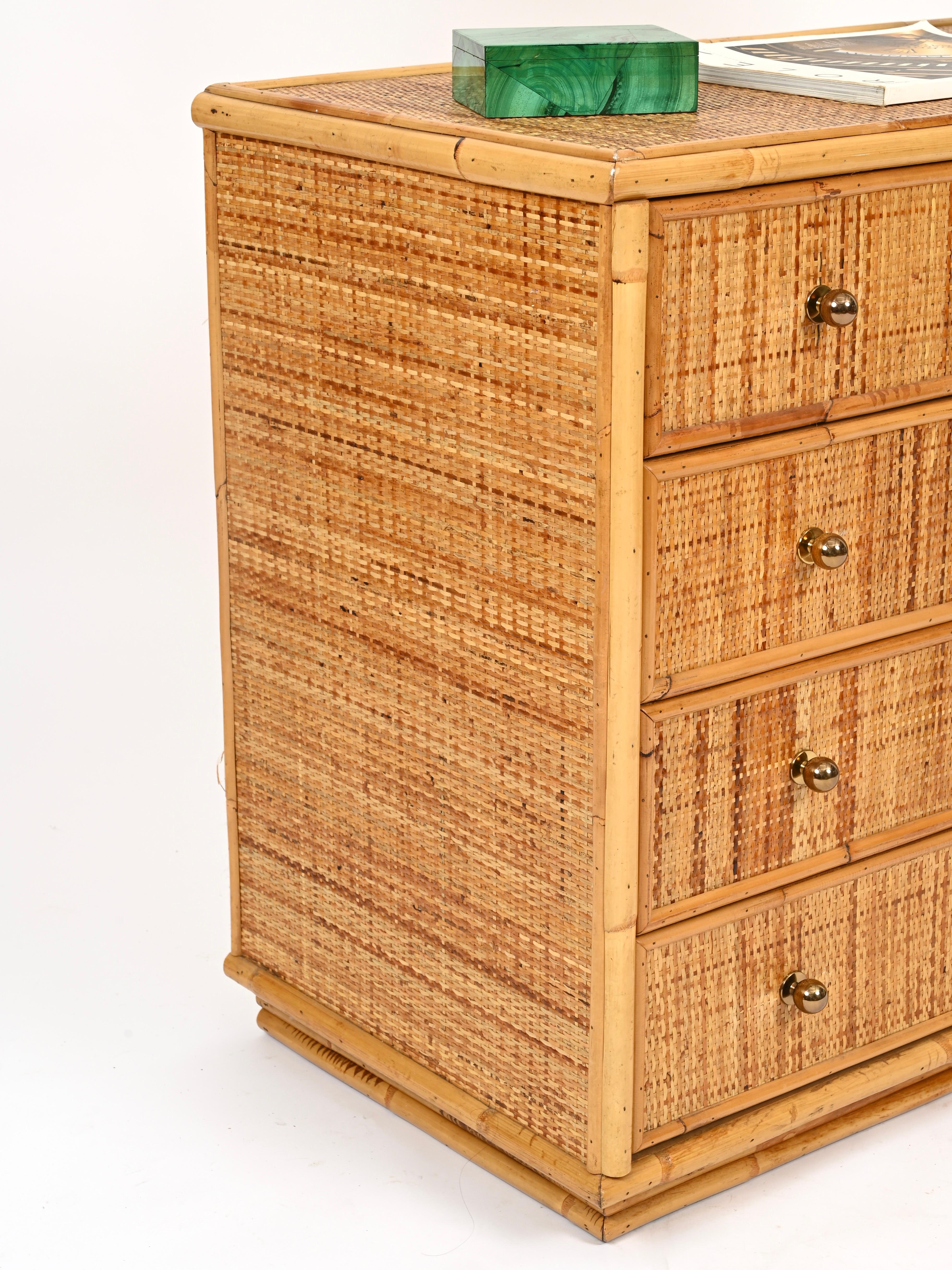 Cassettiera French Riviera in rattan, bambù e ottone, Italia, anni '70 1