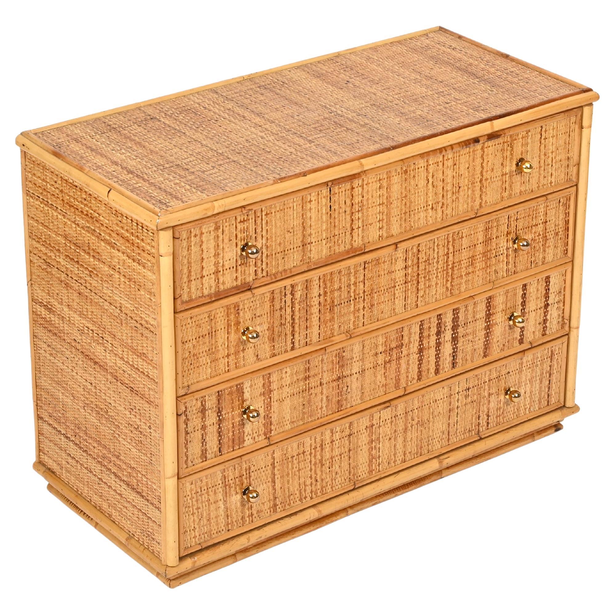 Commode Riviera française en rotin, bambou et laiton, Italie, années 1970