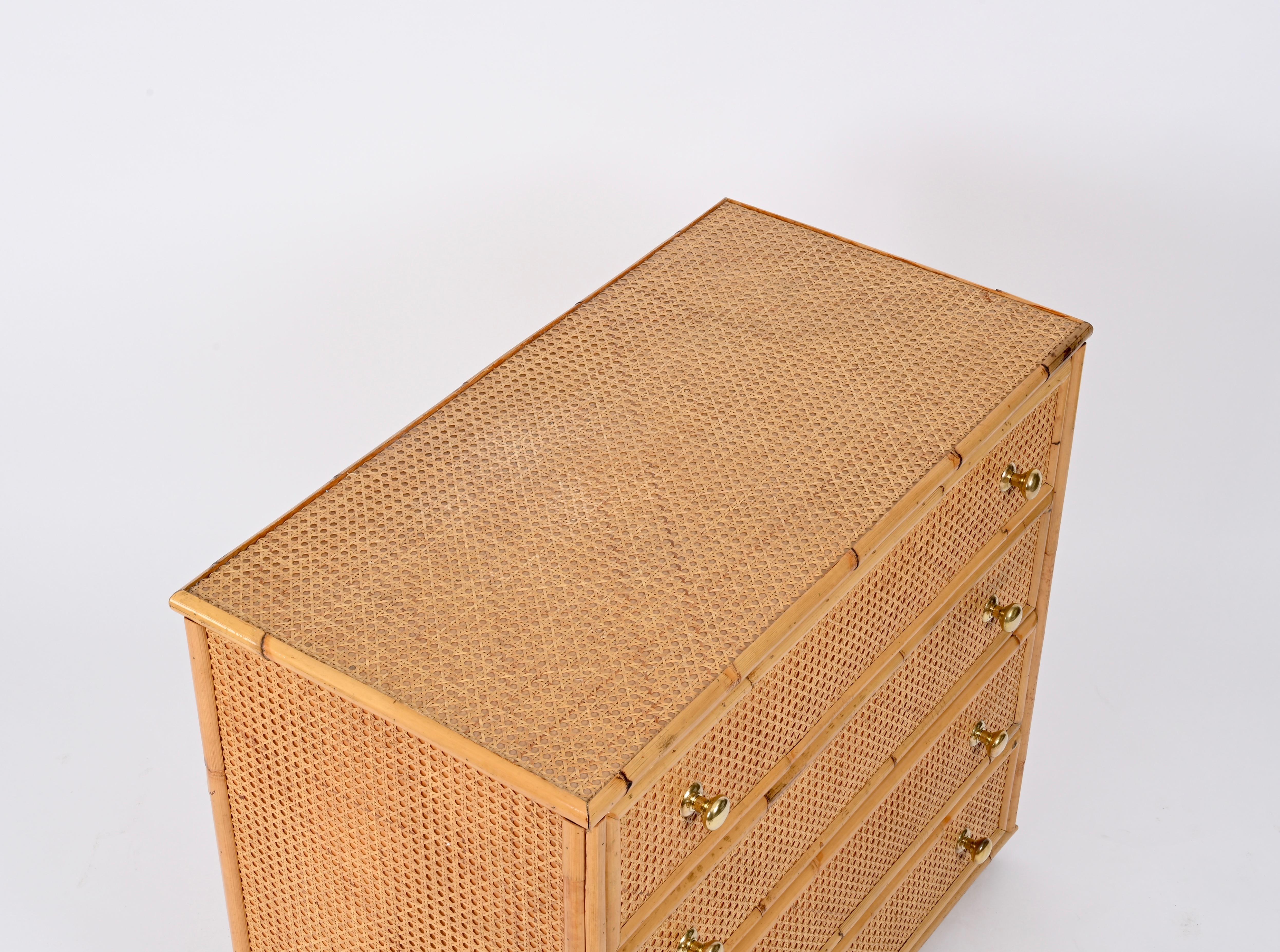 French Riviera Chest of Drawers in Vienna Straw, Rattan and Brass, Italy 1970 2