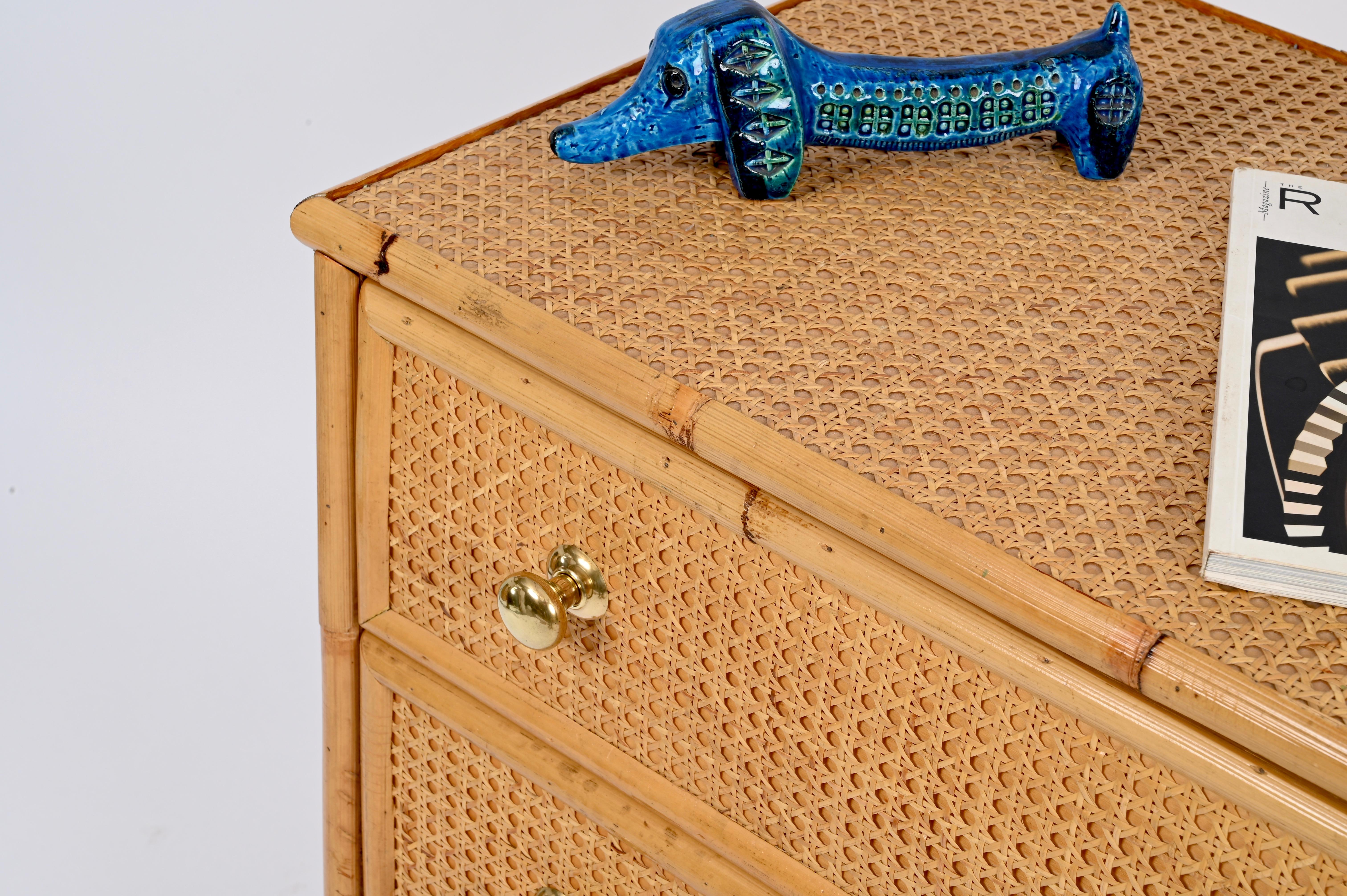 French Riviera Chest of Drawers in Vienna Straw, Rattan and Brass, Italy 1970 3
