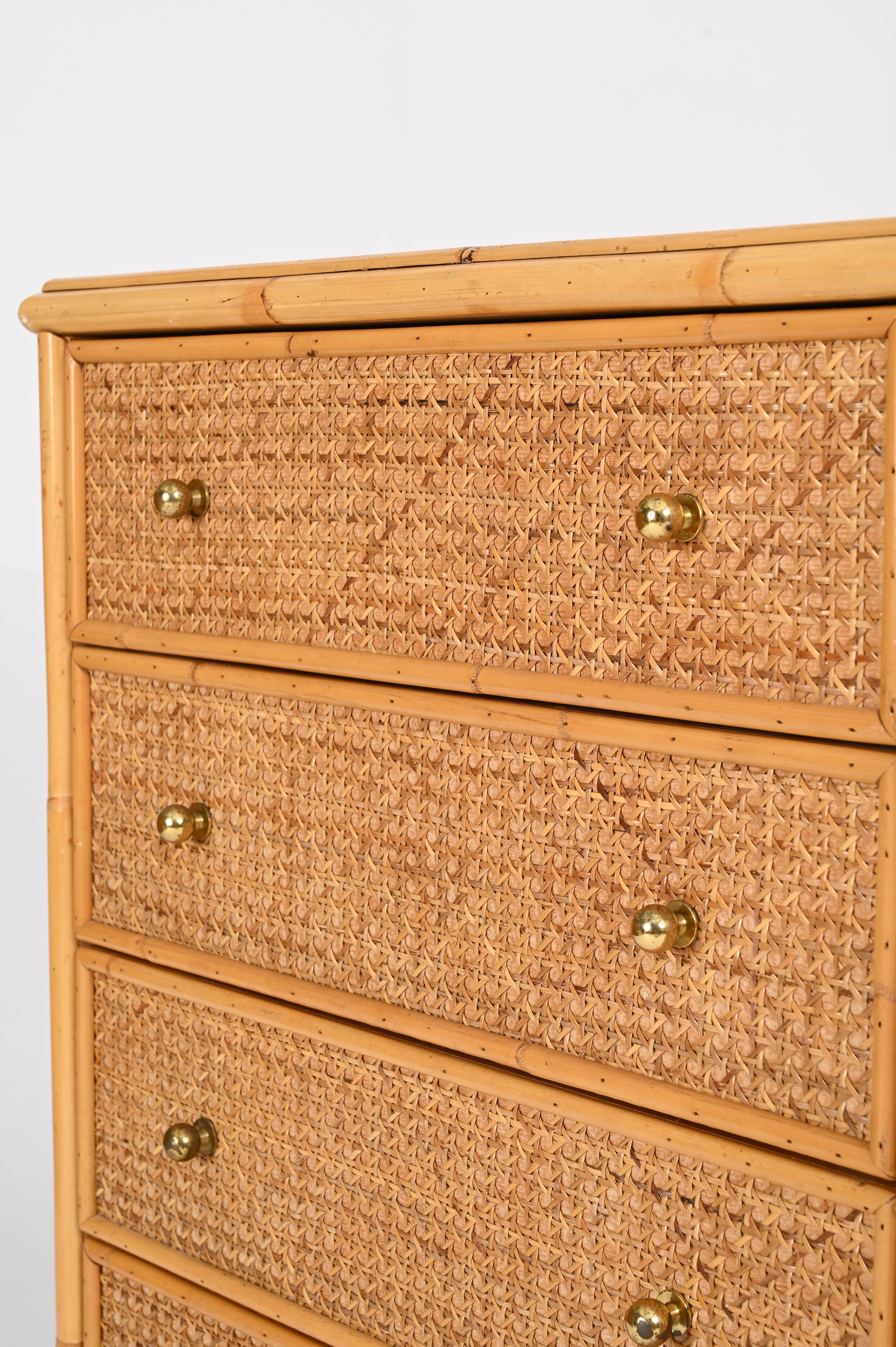 French Riviera Chest of Drawers in Vienna Straw, Rattan and Brass, Italy 1970 4