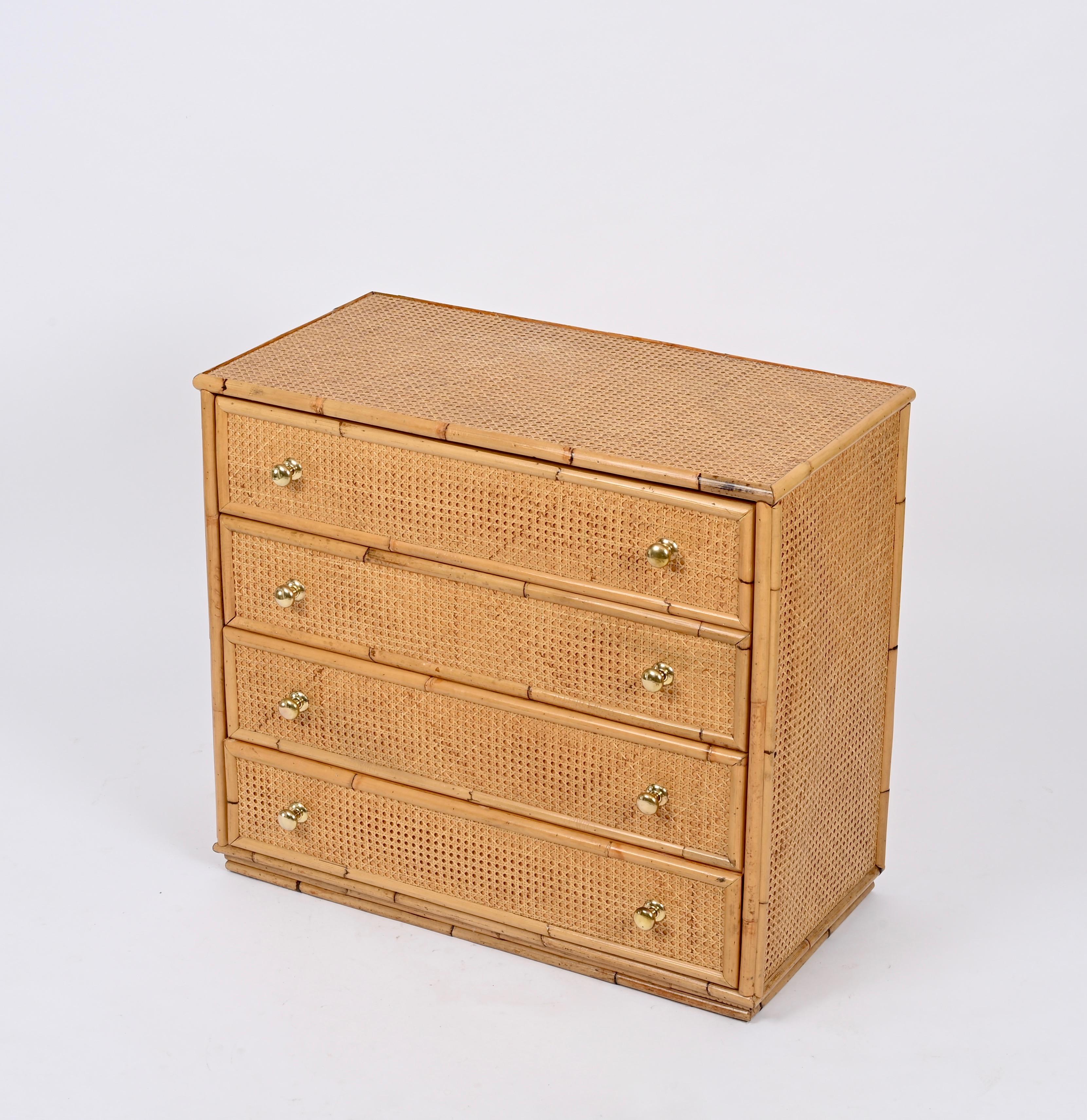 French Riviera Chest of Drawers in Vienna Straw, Rattan and Brass, Italy 1970 4