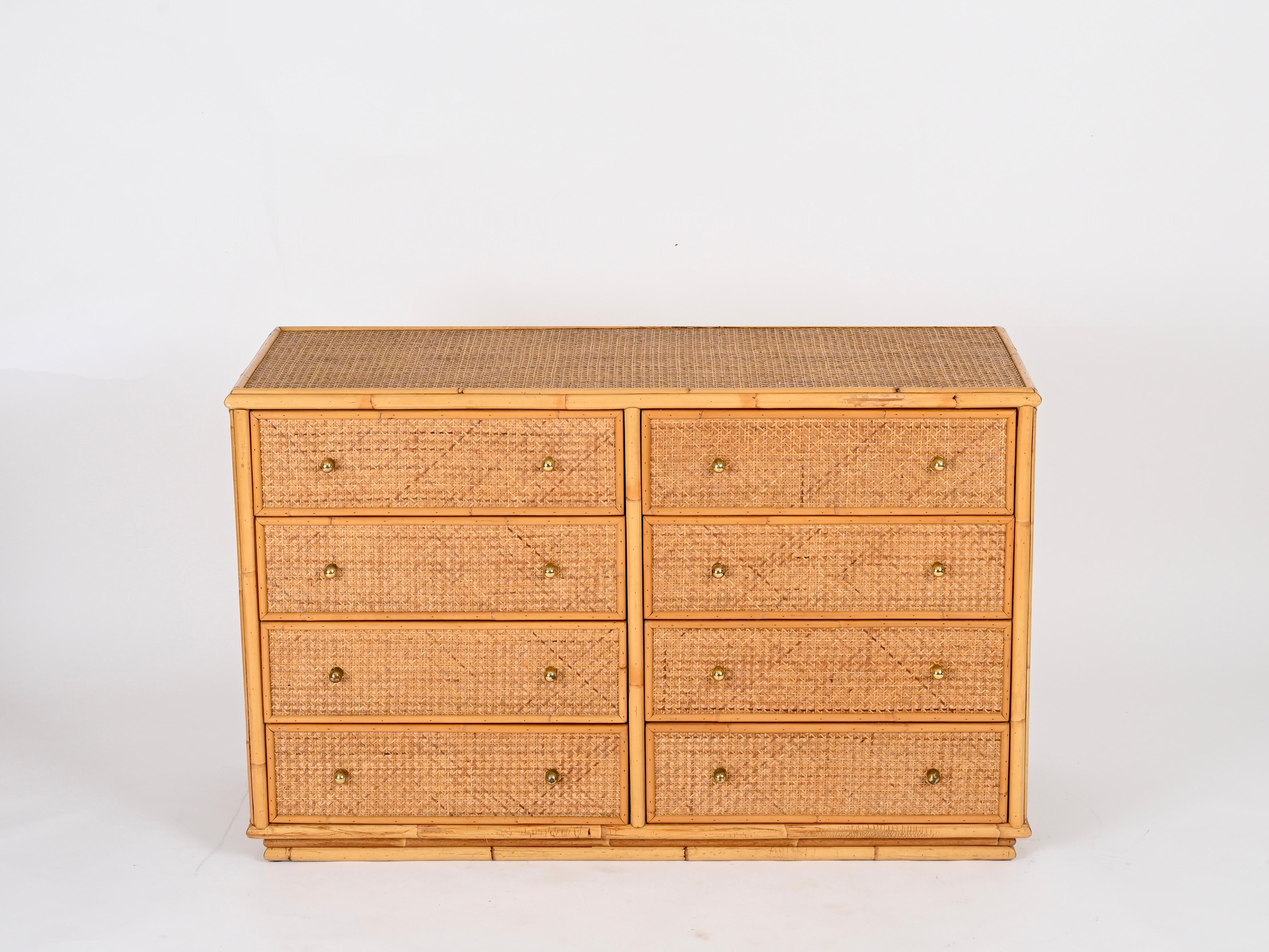 French Riviera Chest of Drawers in Vienna Straw, Rattan and Brass, Italy 1970 5