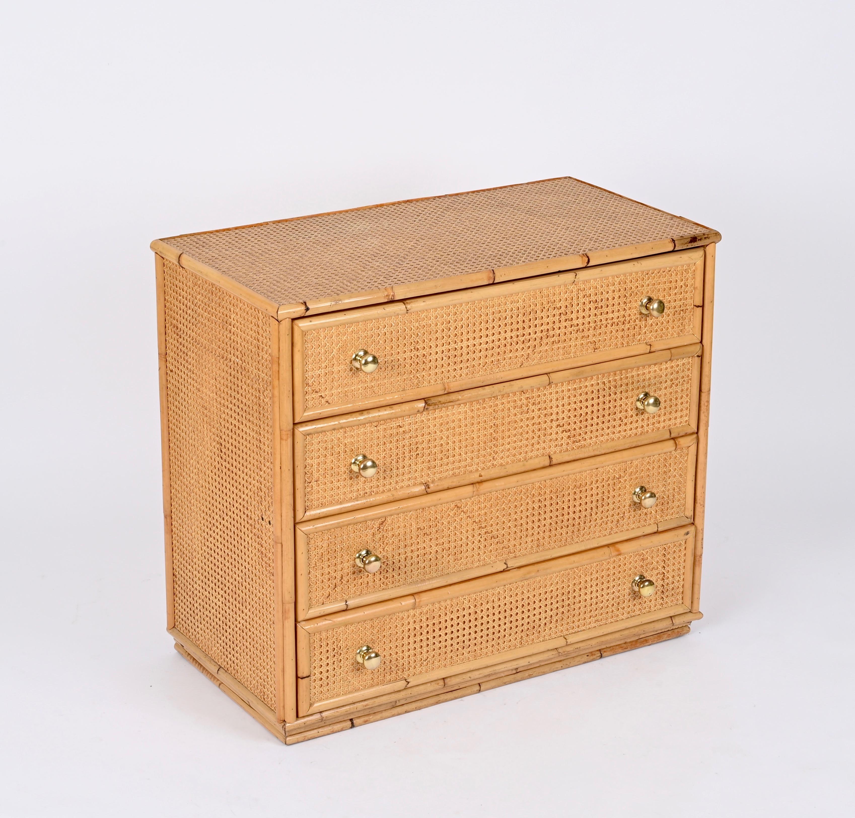 French Riviera Chest of Drawers in Vienna Straw, Rattan and Brass, Italy 1970 5
