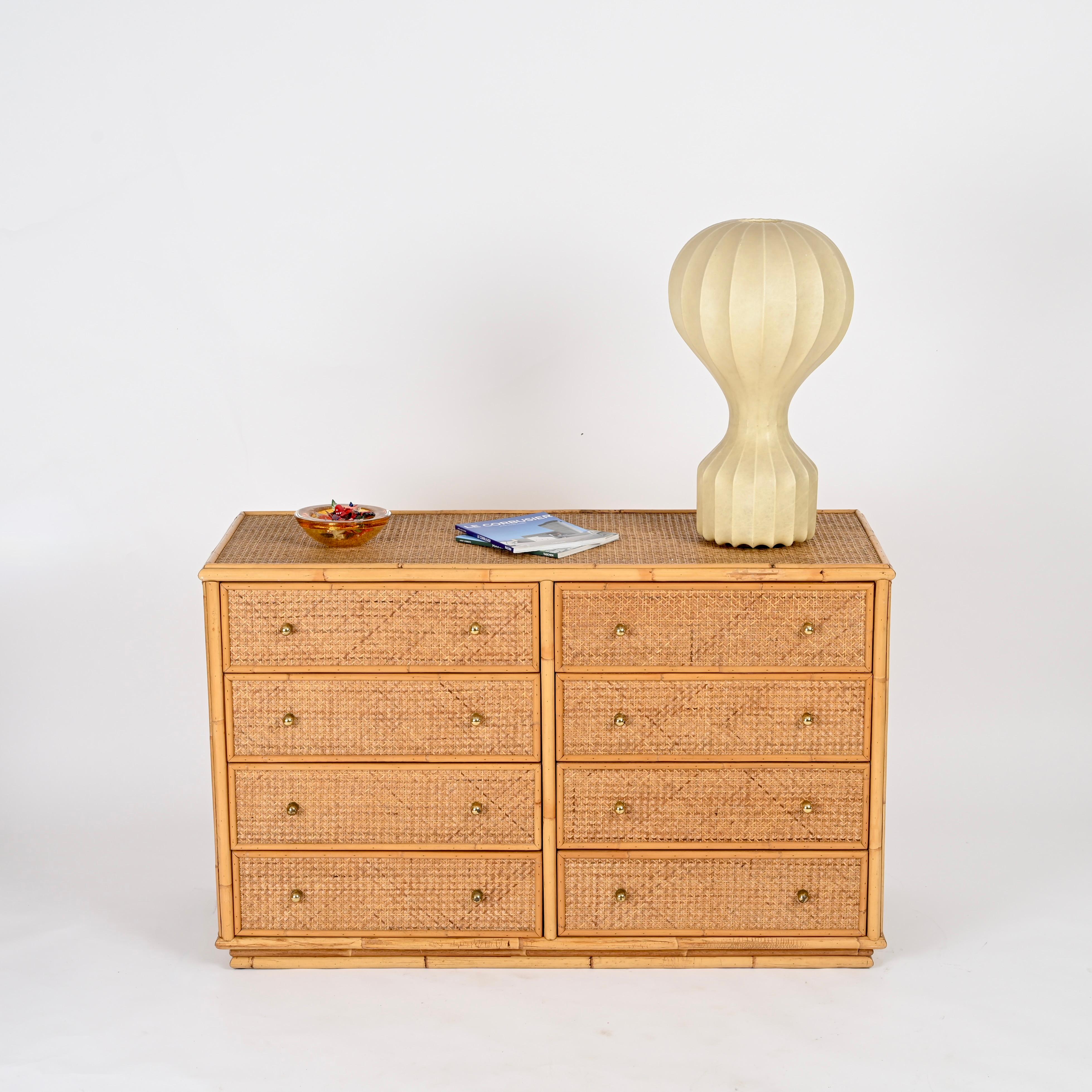 French Riviera Chest of Drawers in Vienna Straw, Rattan and Brass, Italy 1970 6
