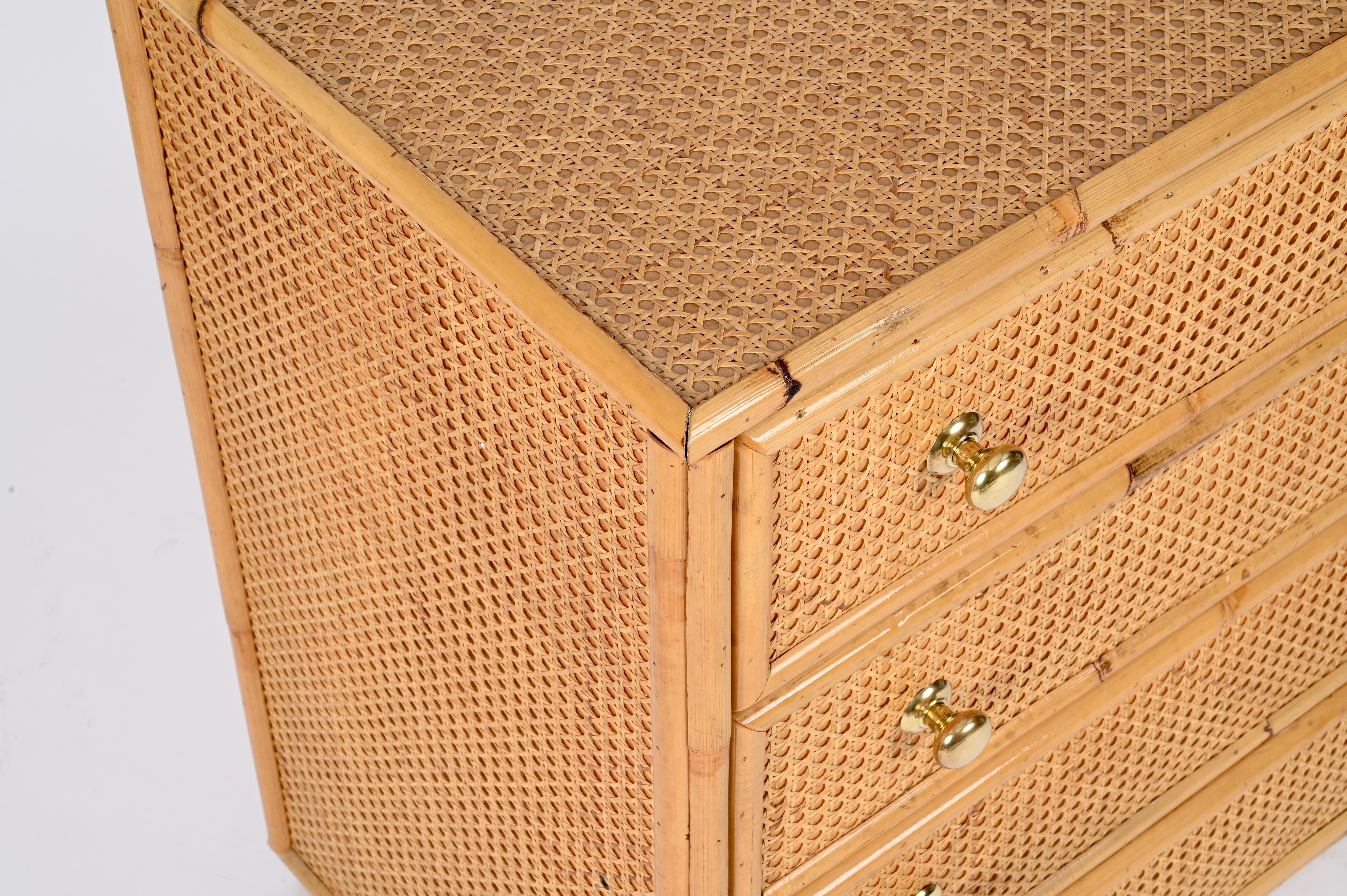 French Riviera Chest of Drawers in Vienna Straw, Rattan and Brass, Italy 1970 6
