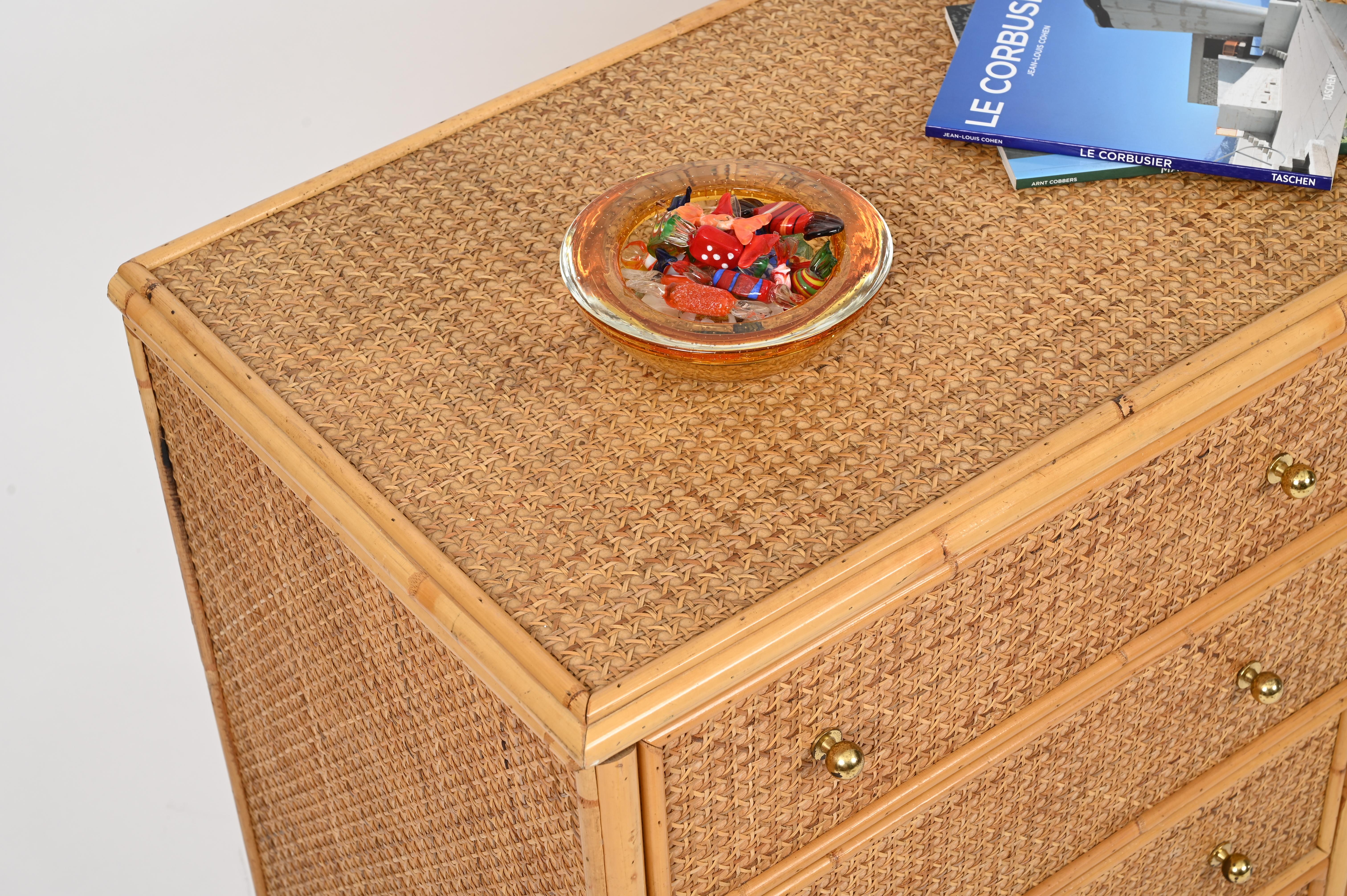 French Riviera Chest of Drawers in Vienna Straw, Rattan and Brass, Italy 1970 8