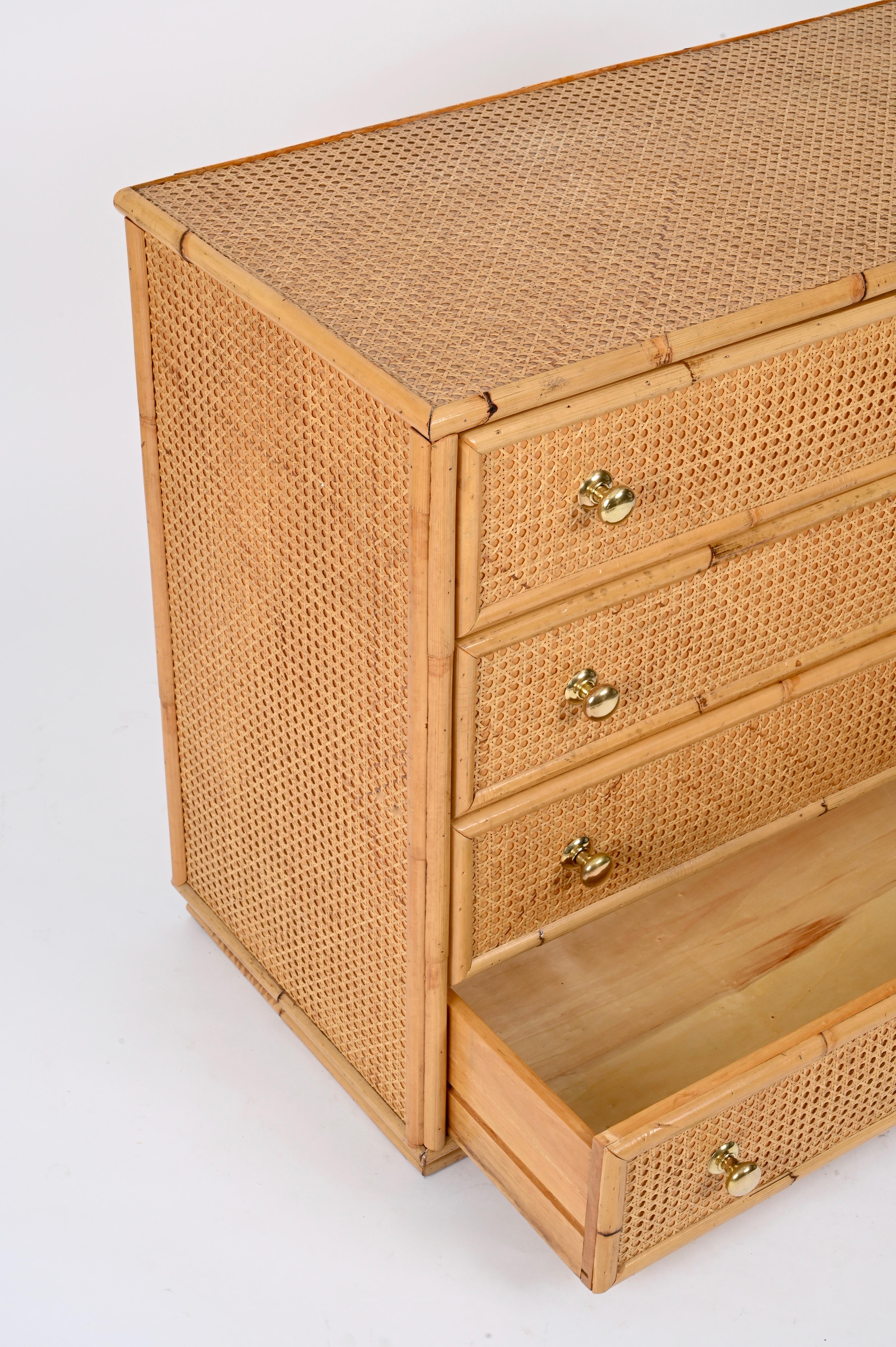 French Riviera Chest of Drawers in Vienna Straw, Rattan and Brass, Italy 1970 8