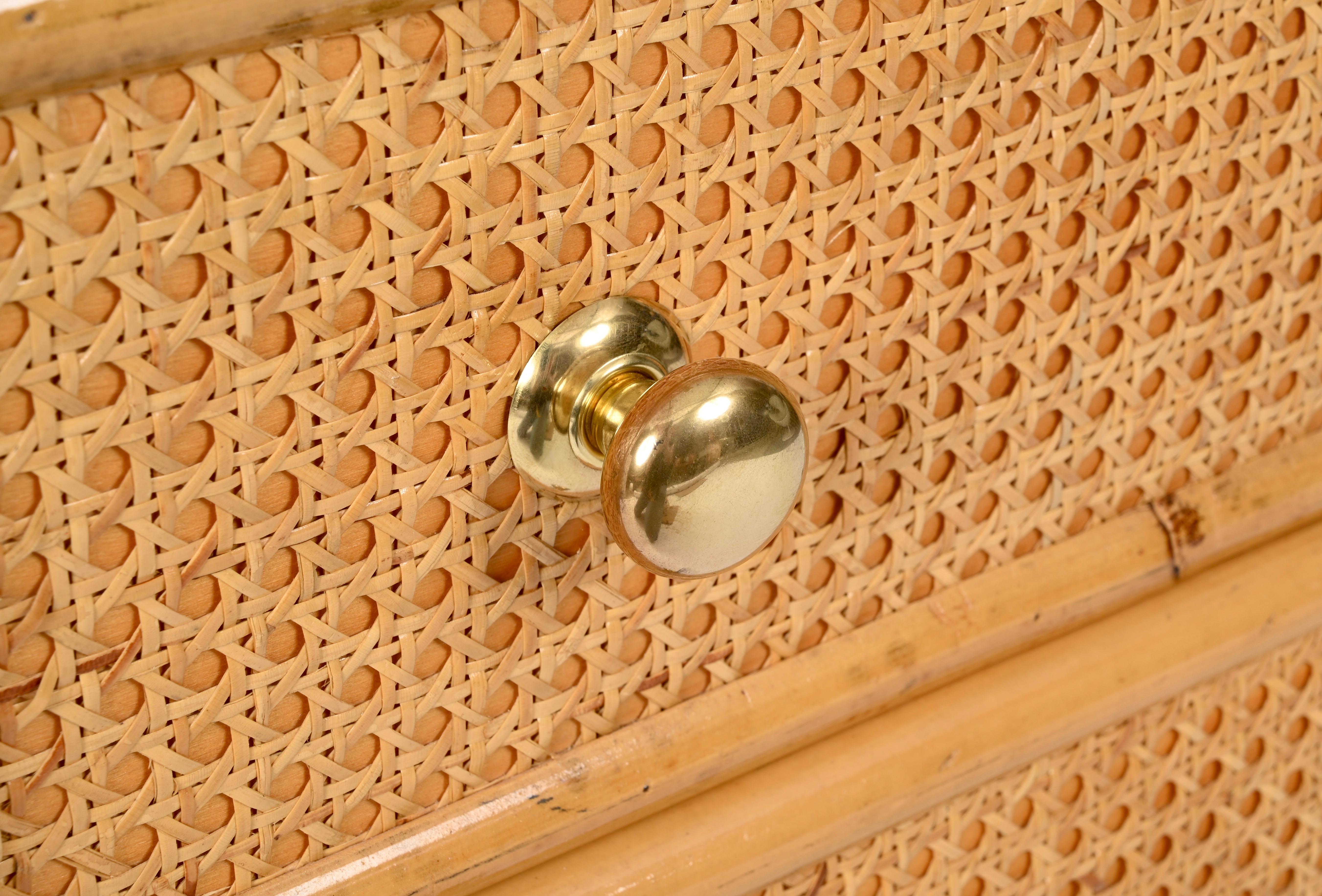French Riviera Chest of Drawers in Vienna Straw, Rattan and Brass, Italy 1970 9
