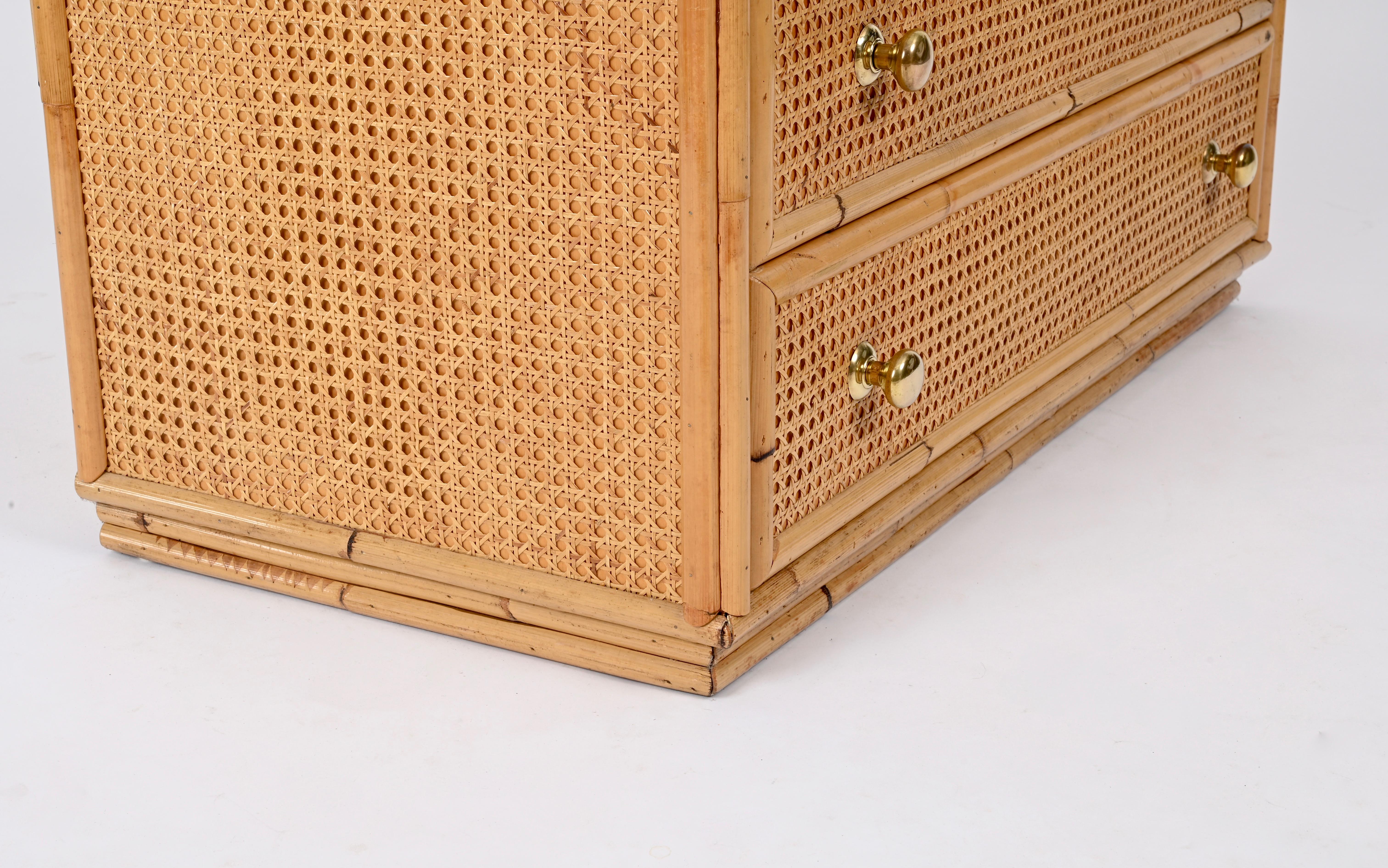 French Riviera Chest of Drawers in Vienna Straw, Rattan and Brass, Italy 1970 10