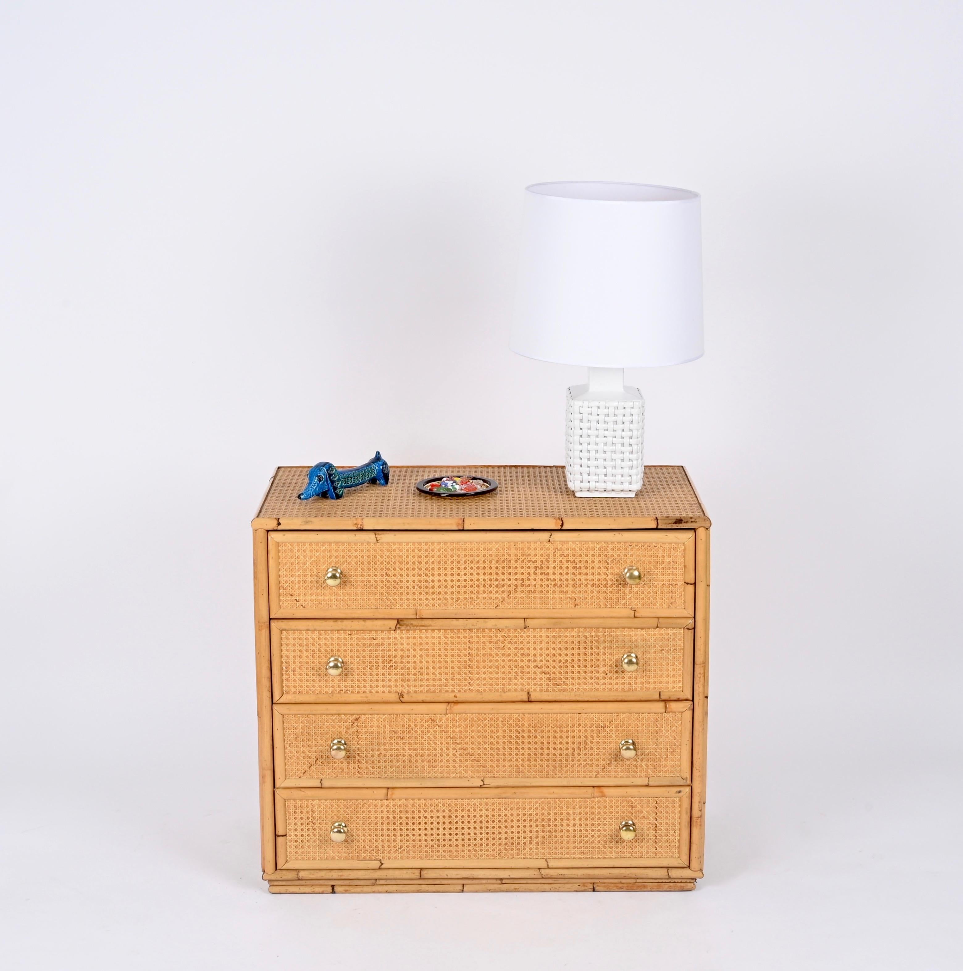 French Riviera Chest of Drawers in Vienna Straw, Rattan and Brass, Italy 1970 11