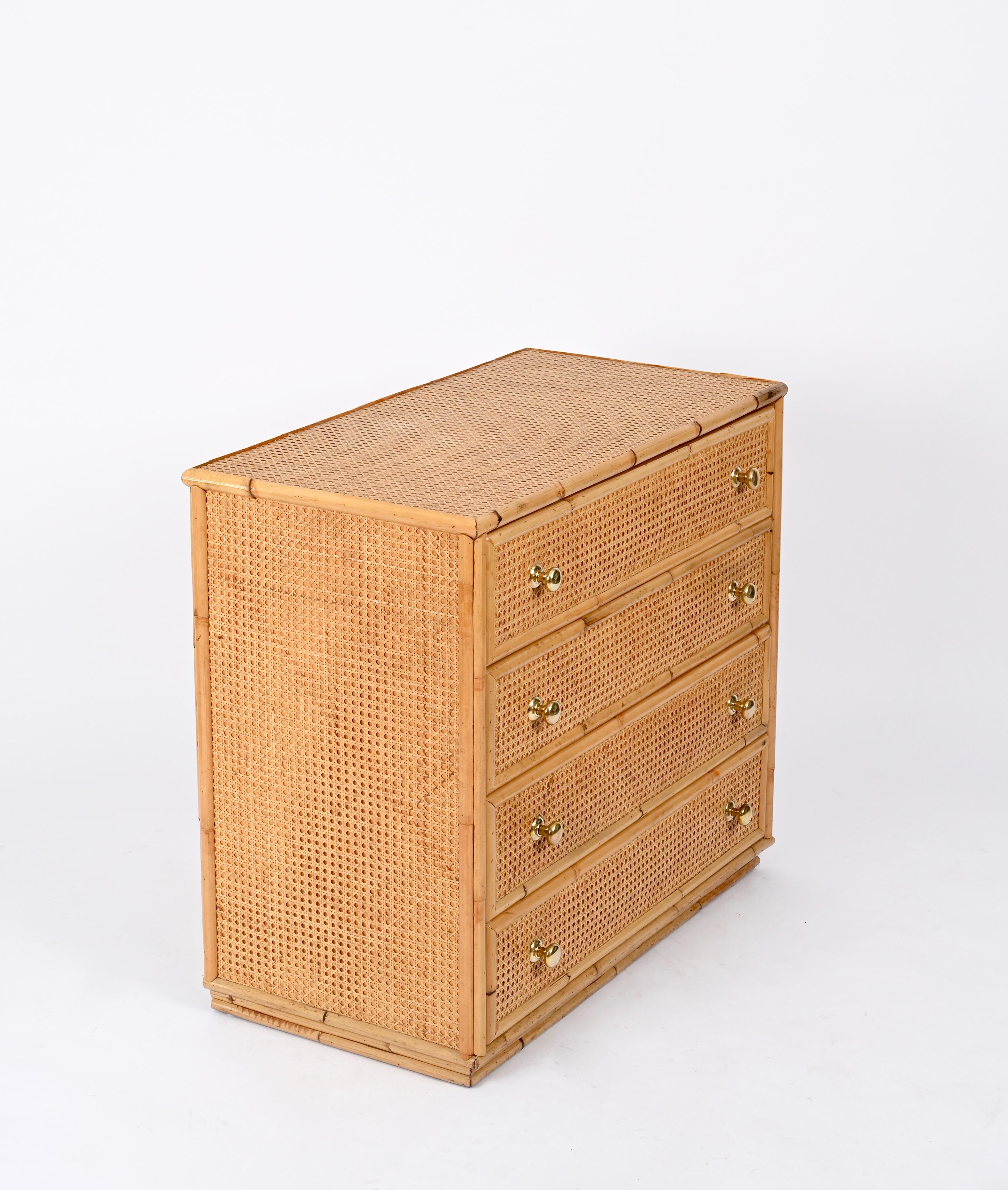 Mid-Century Modern French Riviera Chest of Drawers in Vienna Straw, Rattan and Brass, Italy 1970