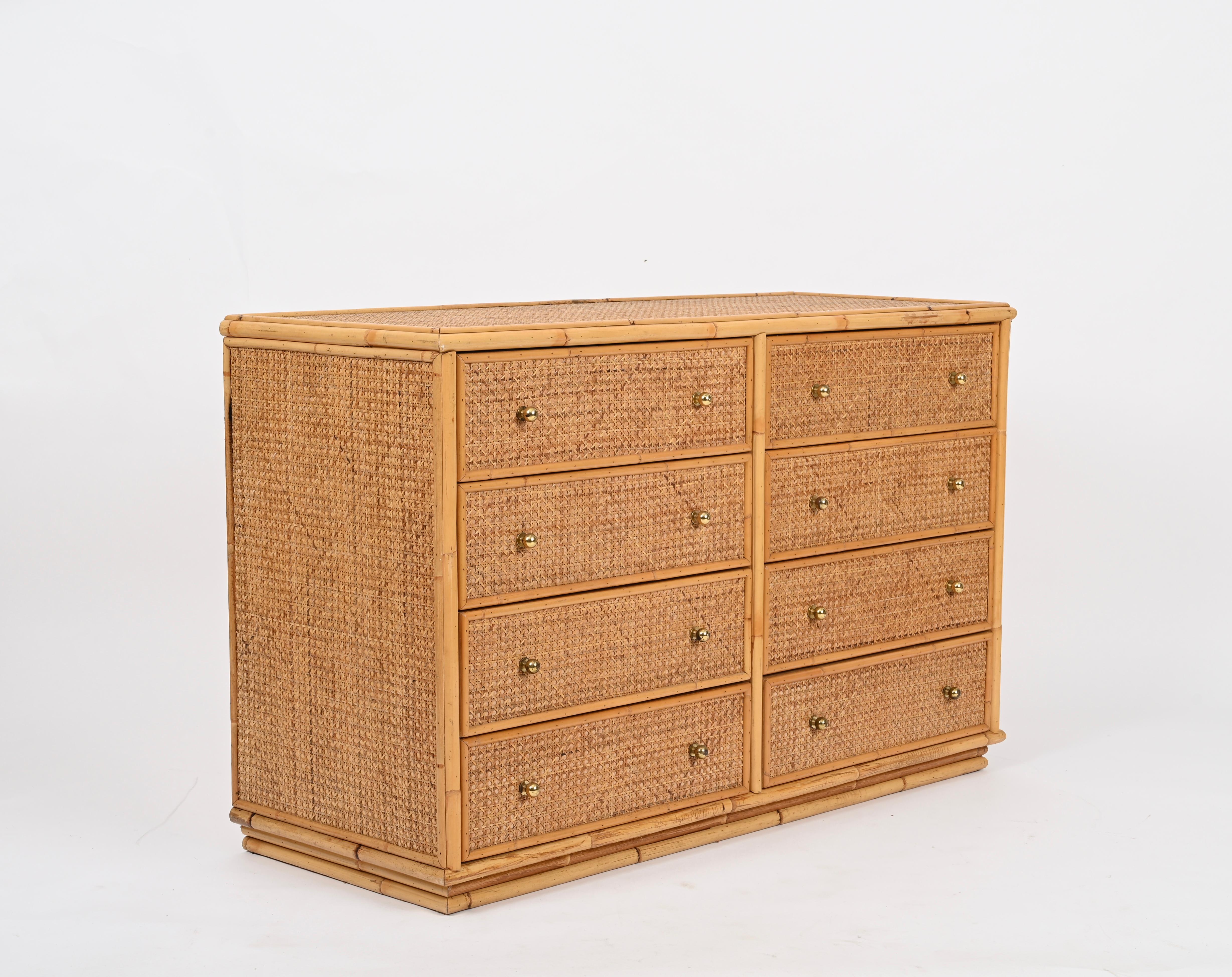 Italian French Riviera Chest of Drawers in Vienna Straw, Rattan and Brass, Italy 1970