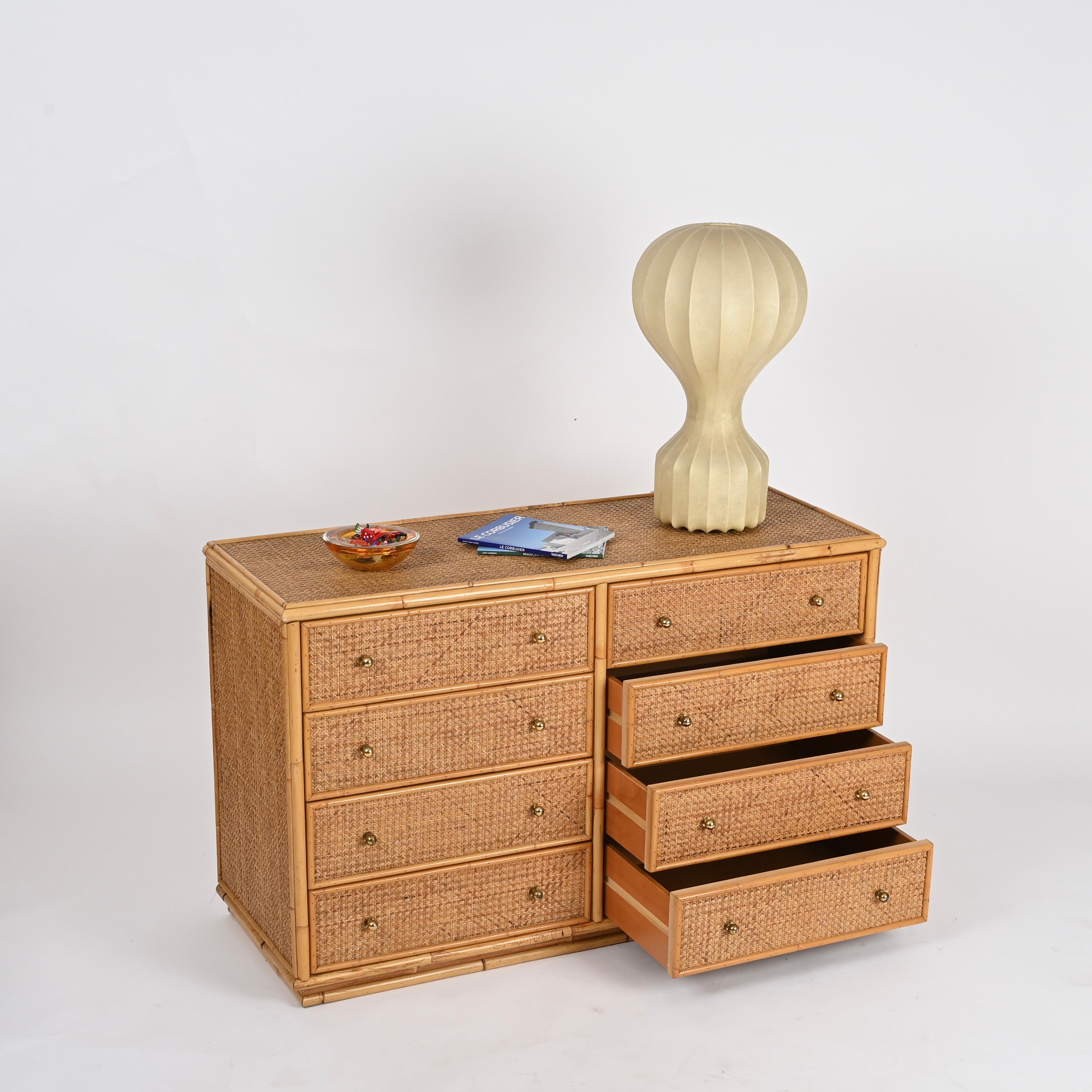 Hand-Crafted French Riviera Chest of Drawers in Vienna Straw, Rattan and Brass, Italy 1970
