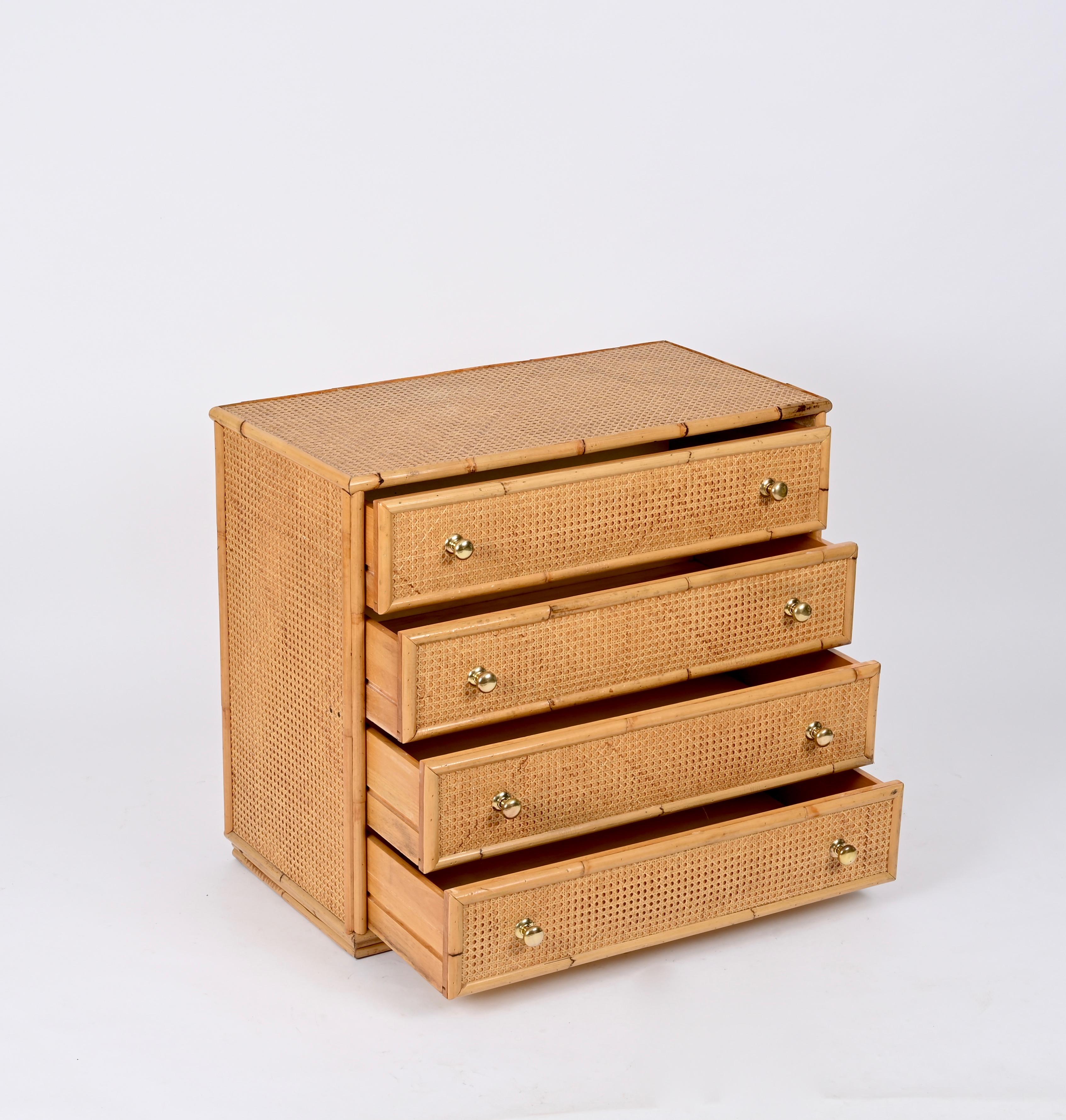 20th Century French Riviera Chest of Drawers in Vienna Straw, Rattan and Brass, Italy 1970