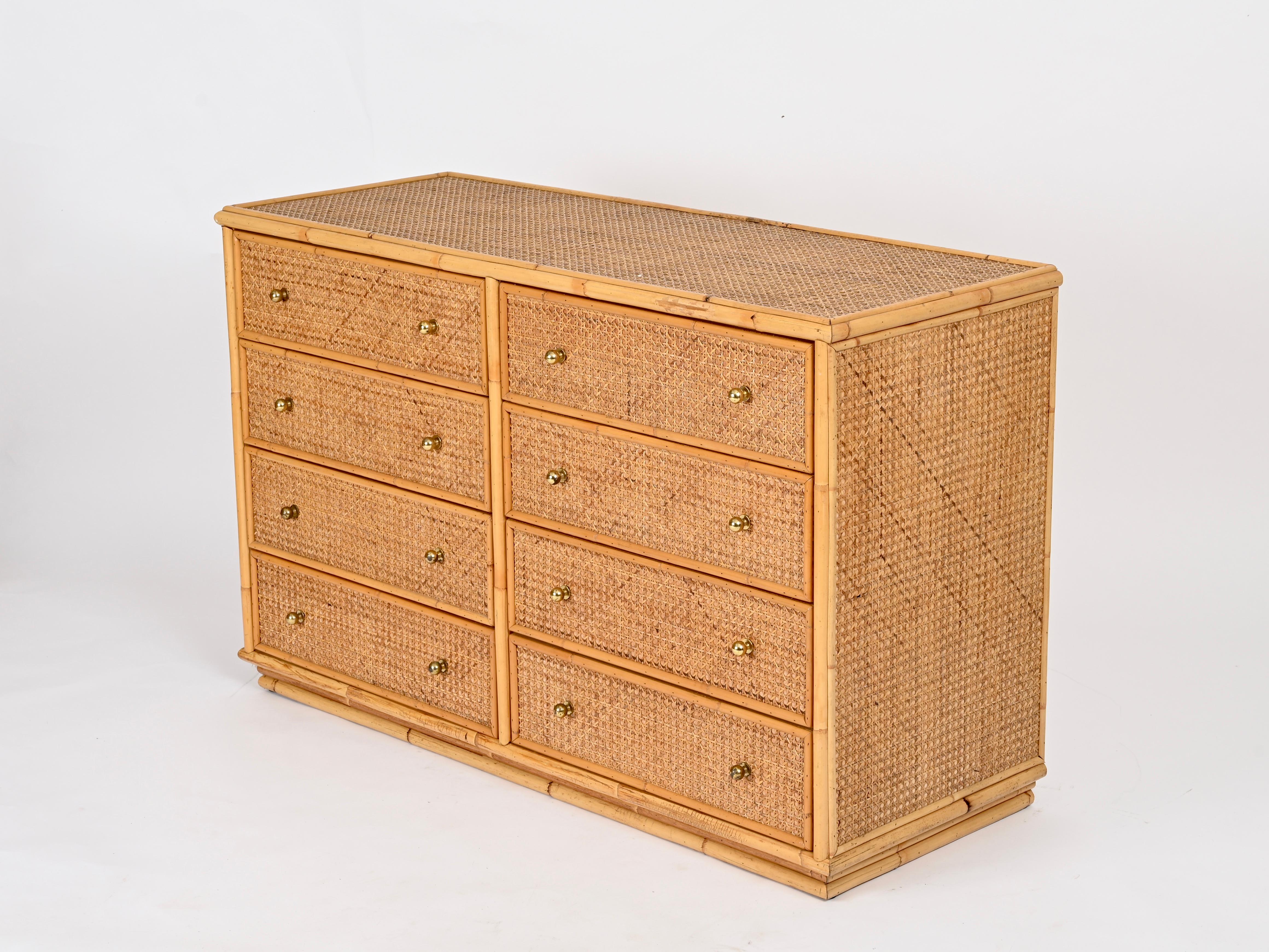 20th Century French Riviera Chest of Drawers in Vienna Straw, Rattan and Brass, Italy 1970