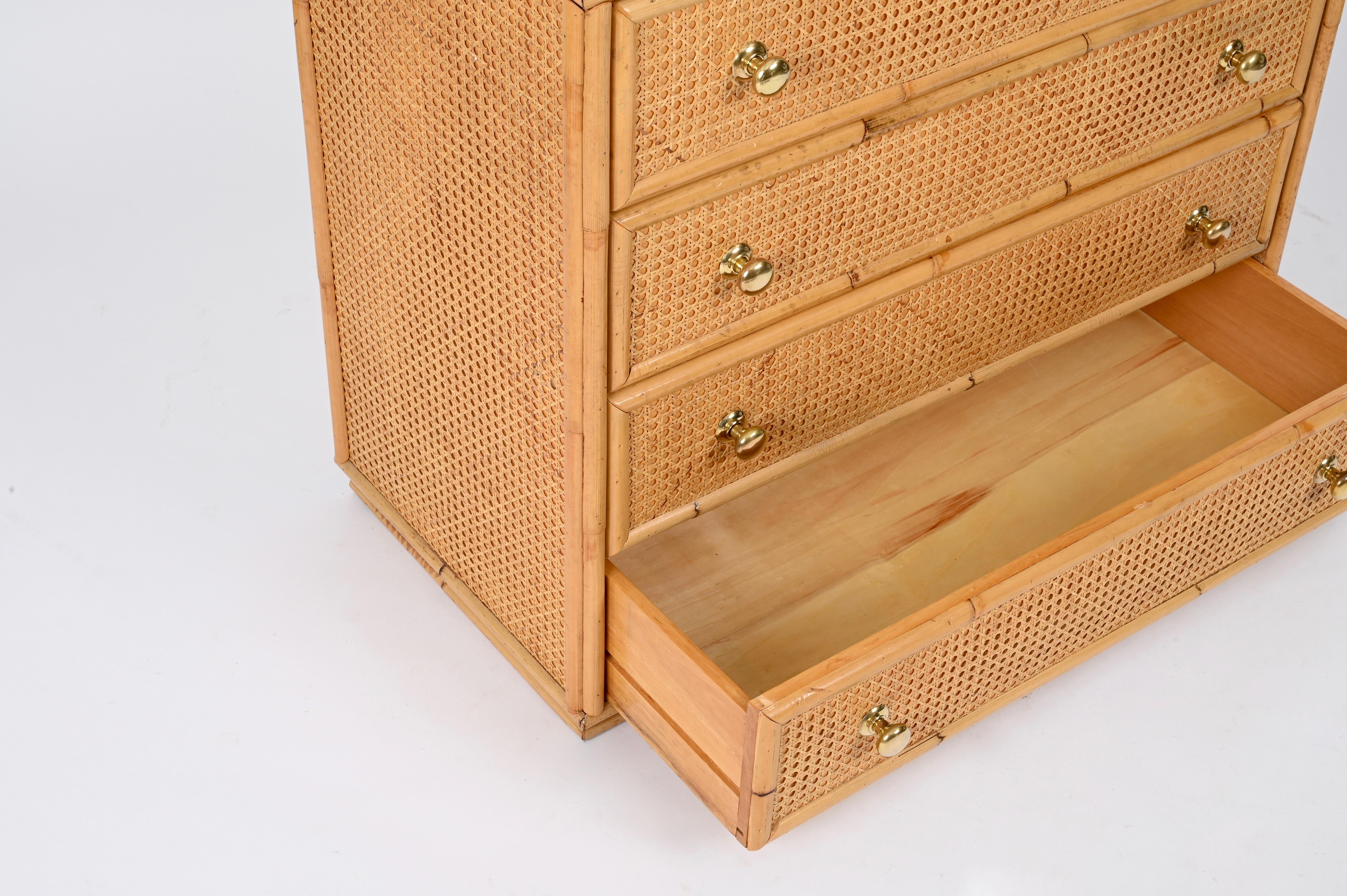 Bamboo French Riviera Chest of Drawers in Vienna Straw, Rattan and Brass, Italy 1970