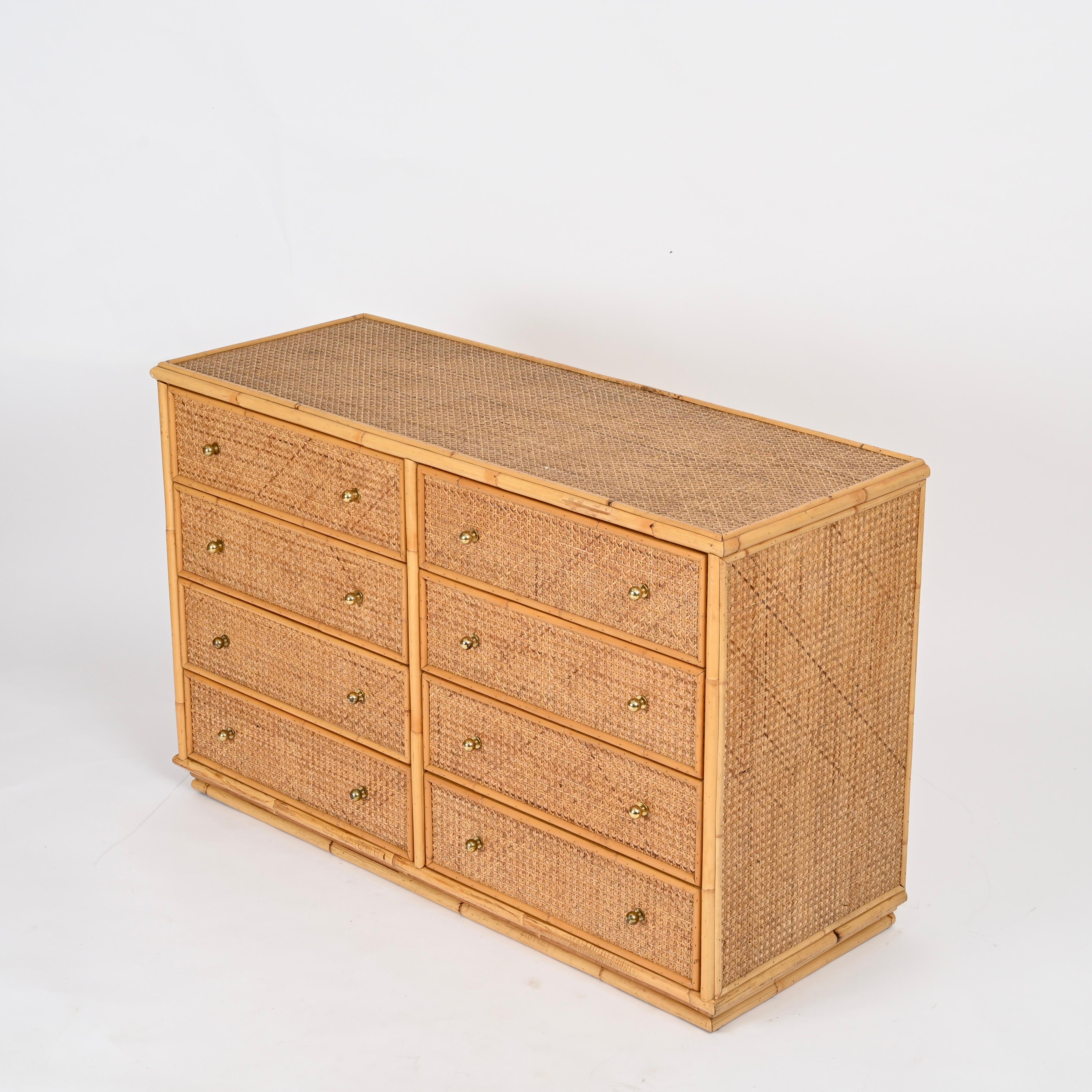 French Riviera Chest of Drawers in Vienna Straw, Rattan and Brass, Italy 1970 1