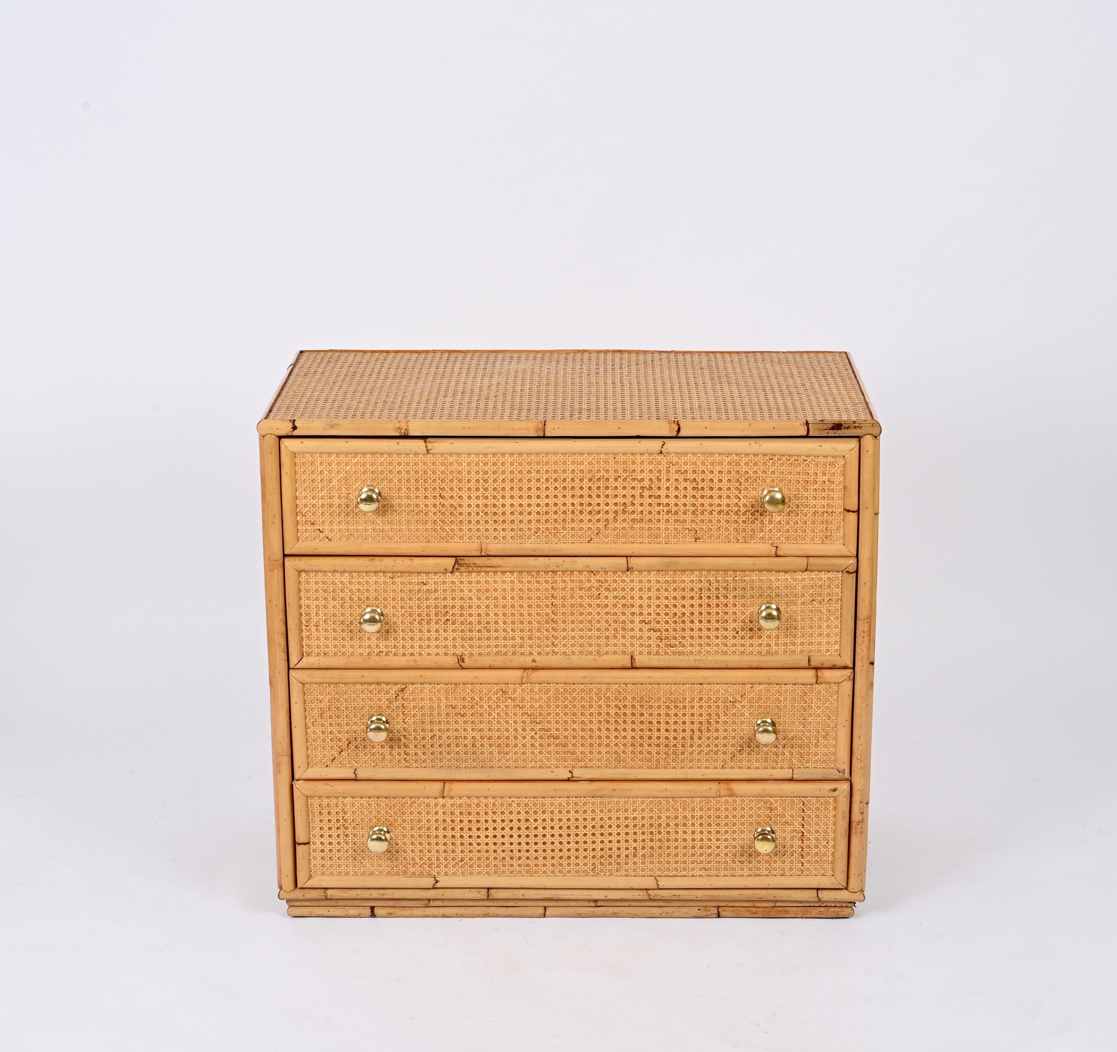 French Riviera Chest of Drawers in Vienna Straw, Rattan and Brass, Italy 1970 1