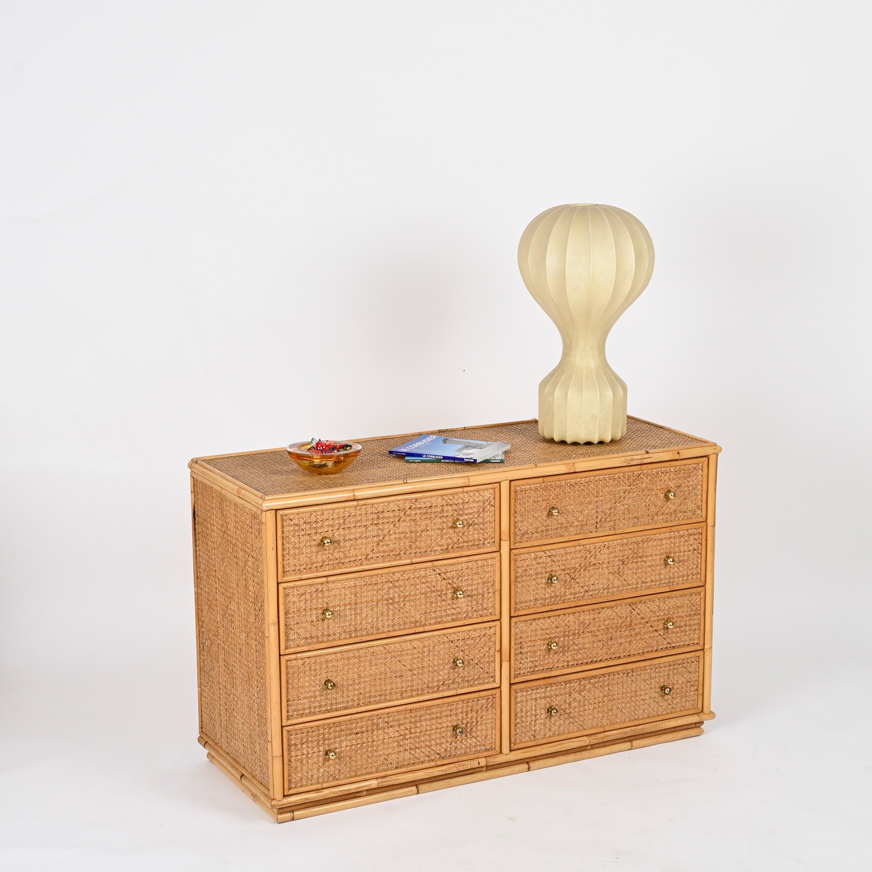 French Riviera Chest of Drawers in Vienna Straw, Rattan and Brass, Italy 1970 2