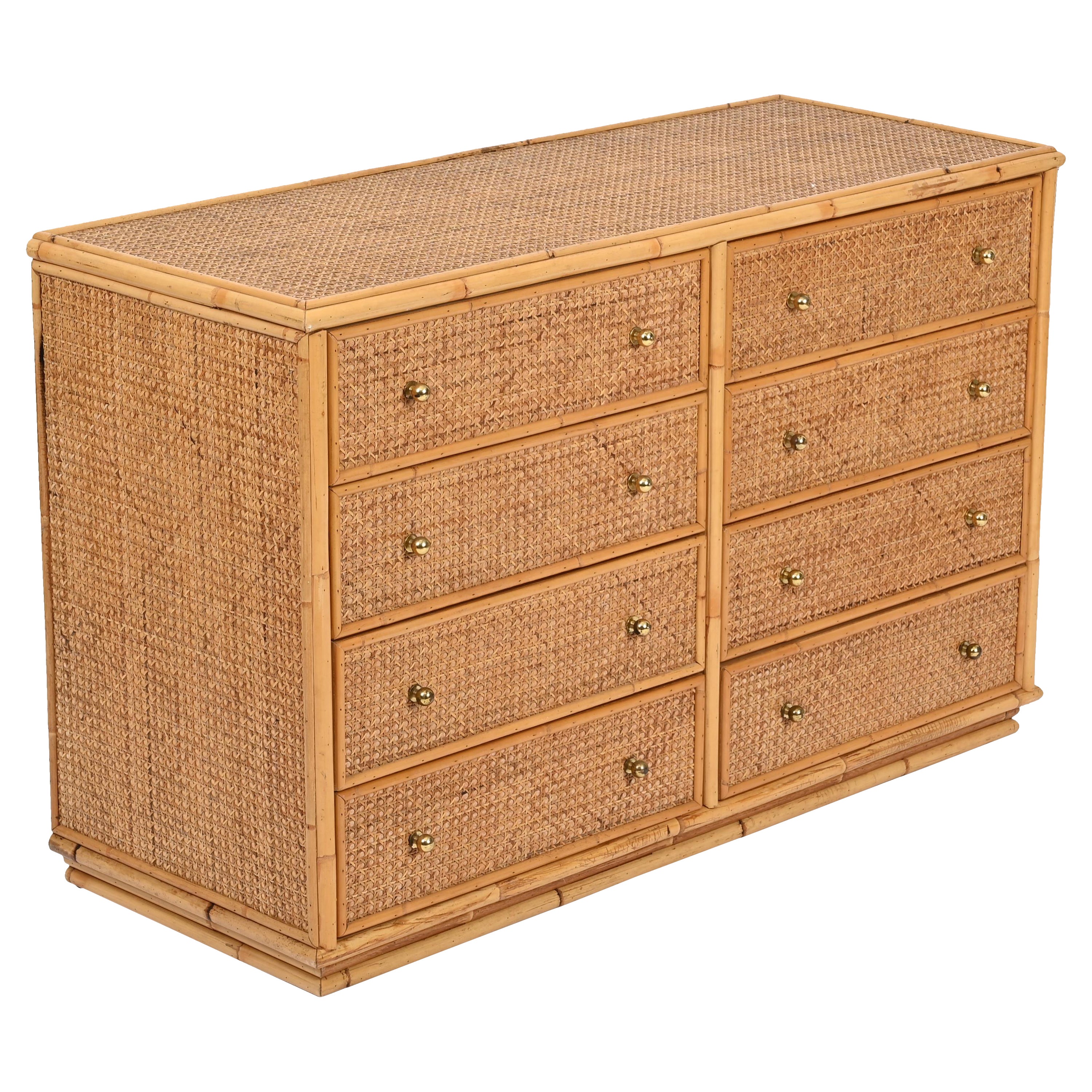 French Riviera Chest of Drawers in Vienna Straw, Rattan and Brass, Italy 1970