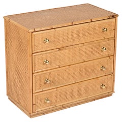 French Riviera Chest of Drawers in Vienna Straw, Rattan and Brass, Italy 1970