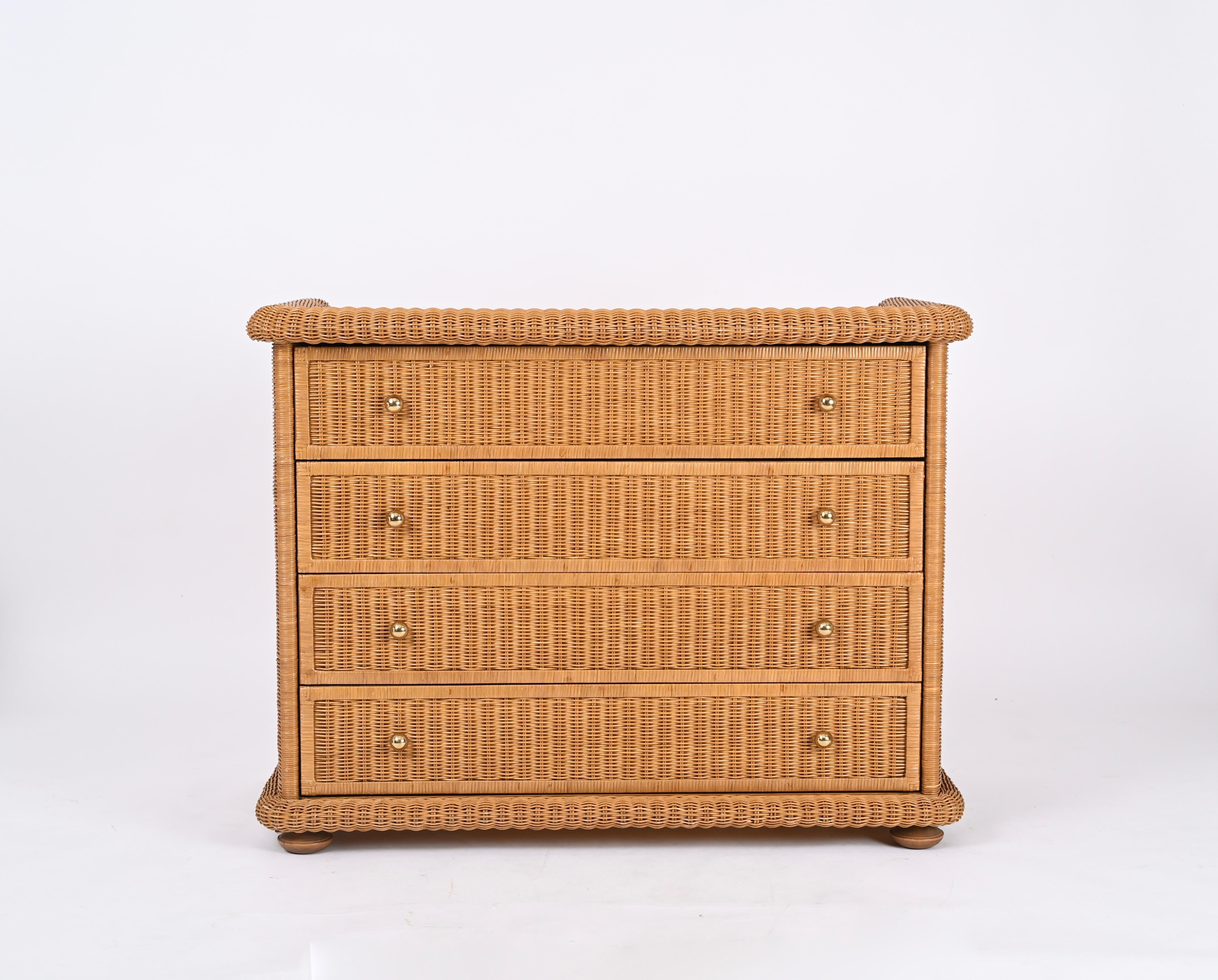 Hand-Crafted French Riviera Chest of Drawers in Woven Rattan by Vivai del Sud, Italy, 1970s For Sale
