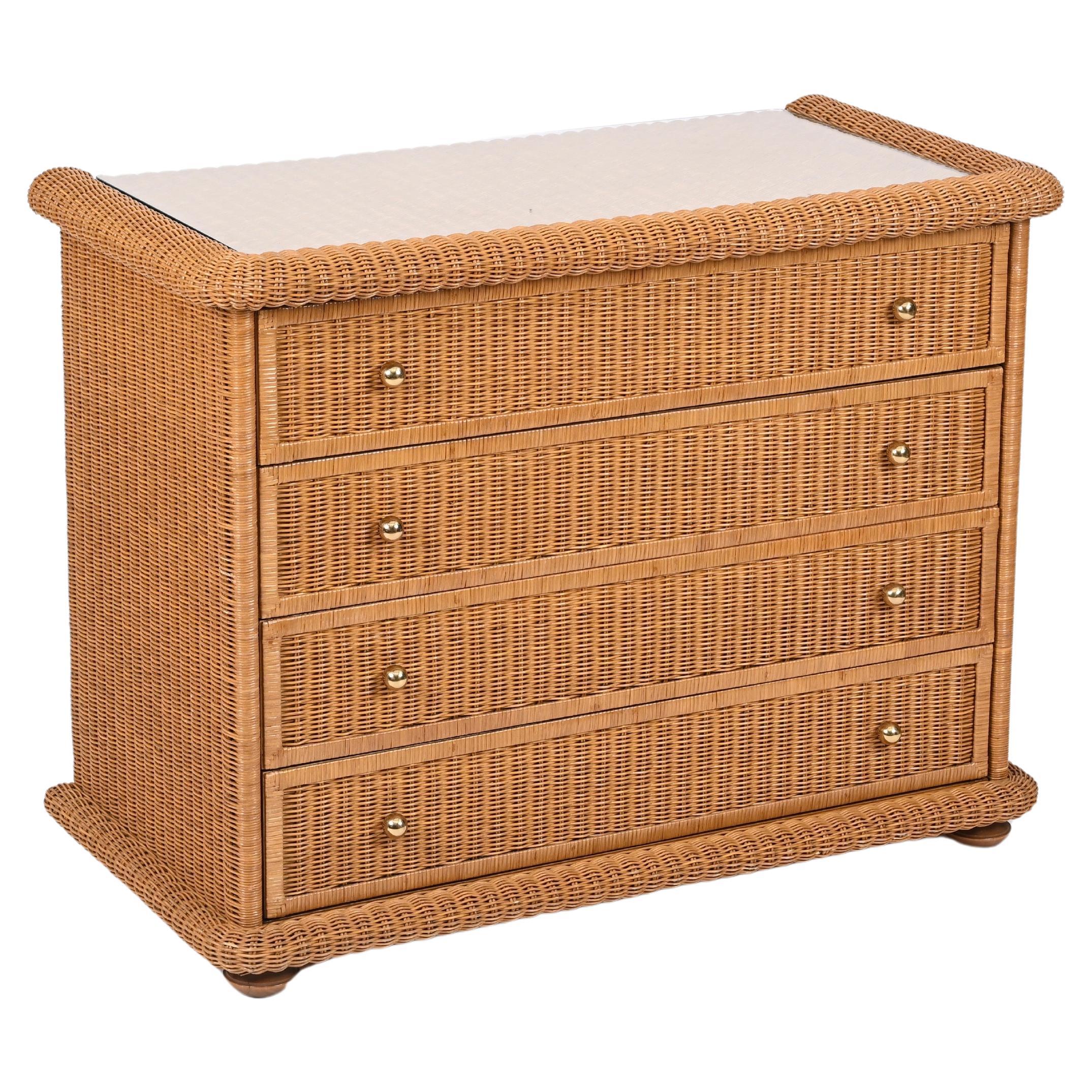 French Riviera Chest of Drawers in Woven Rattan by Vivai del Sud, Italy, 1970s For Sale