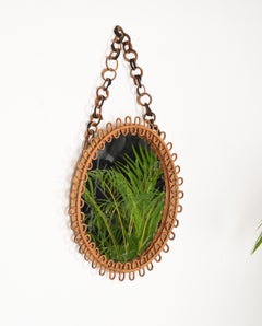 French Riviera Curved Rattan Round Mirror with Chain, Italy 1960s