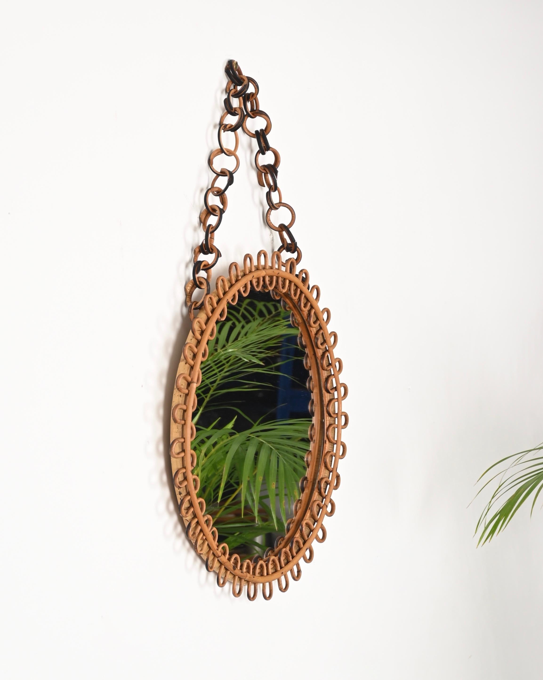 Mid-Century Modern French Riviera Curved Rattan Round Mirror with Chain, Italy 1960s