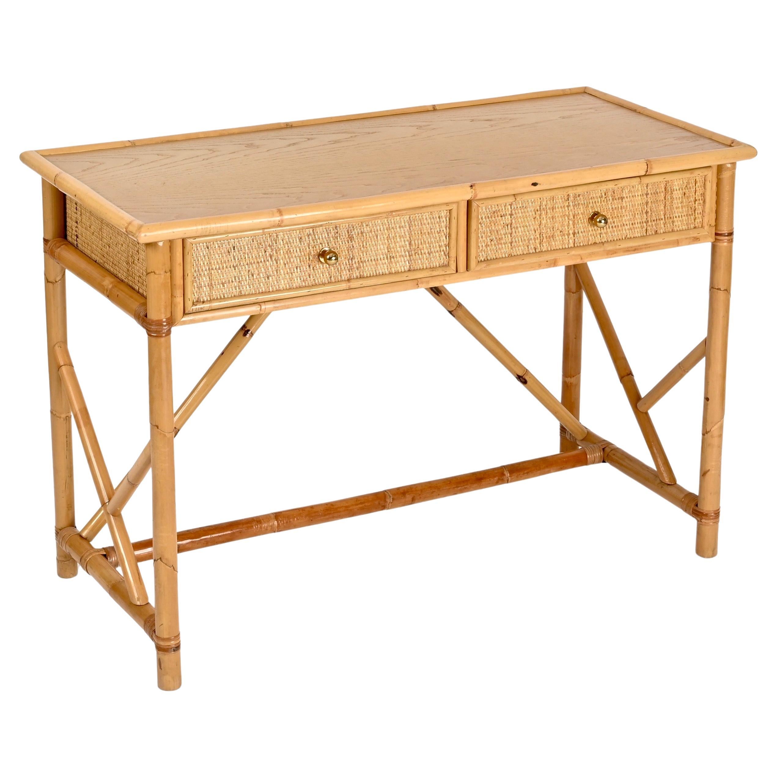 French Riviera Desk with Drawers in Rattan, Oak, Wicker and Brass, Italy, 1970s