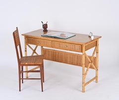 French Riviera Desk with Drawers in Rattan, Wood, Wicker and Brass, Italy, 1970s