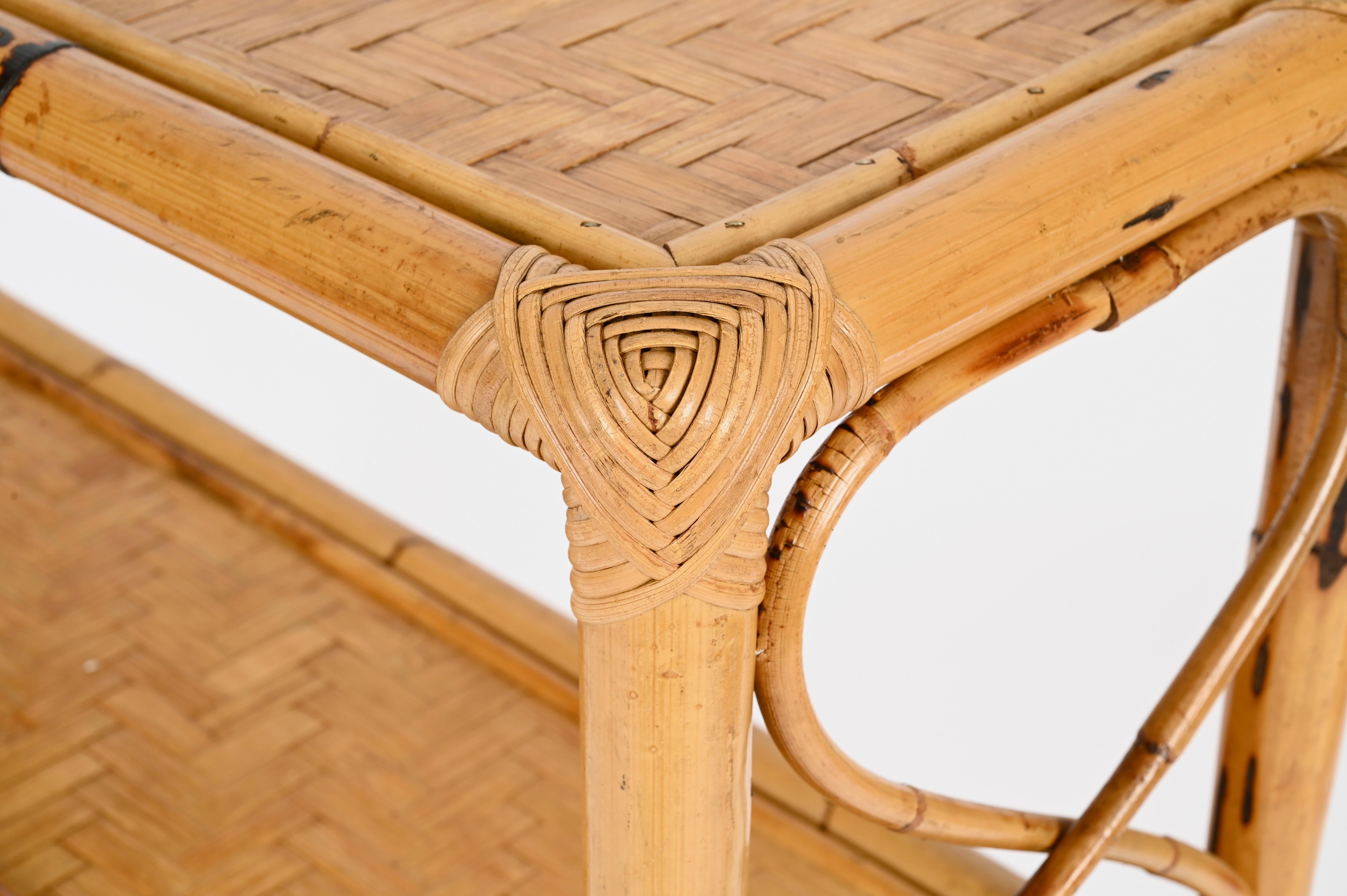 Italian French Riviera Étagère or Console Table in Bamboo and Rattan, Italy, 1970s For Sale