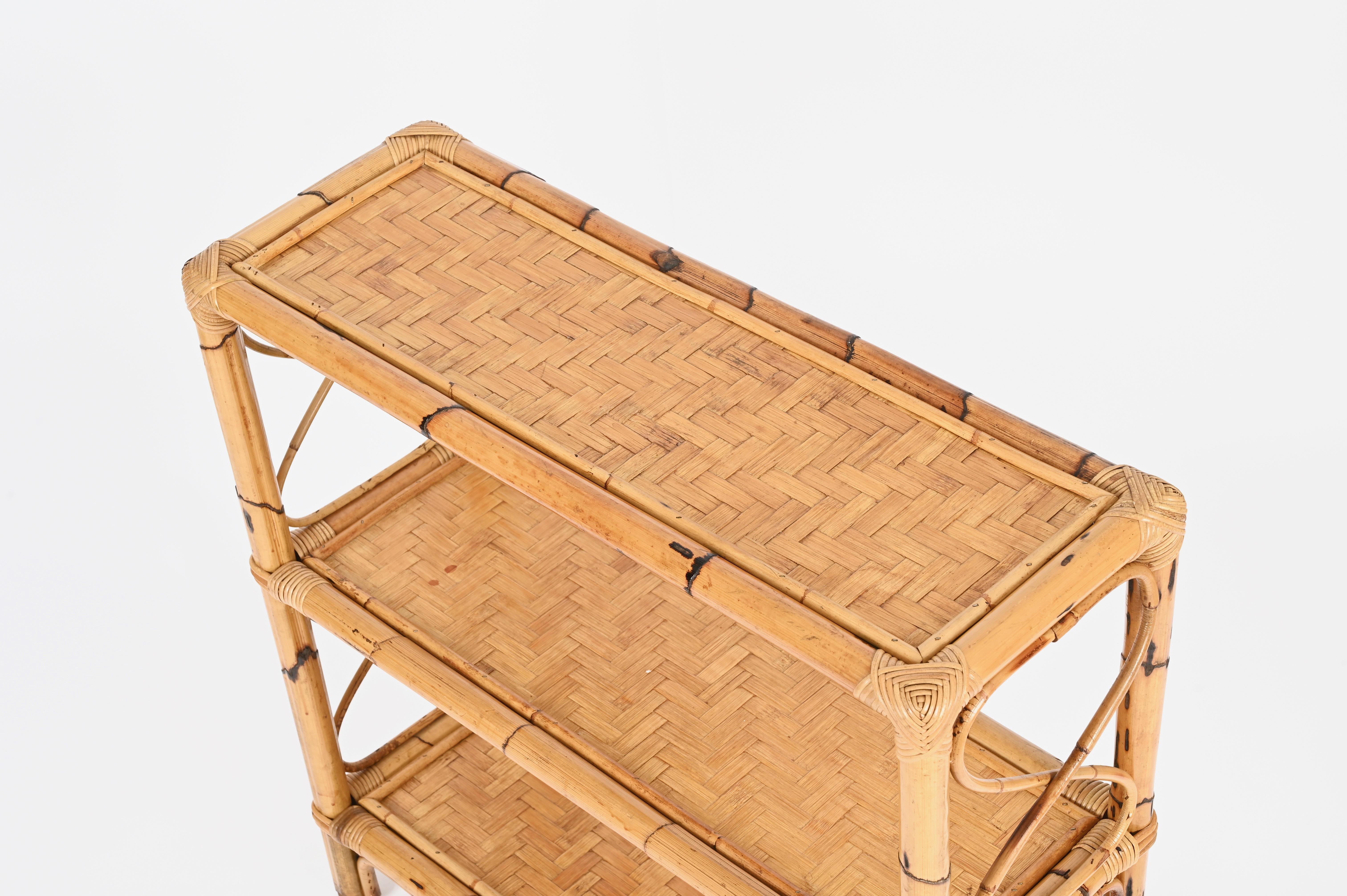 20th Century French Riviera Étagère or Console Table in Bamboo and Rattan, Italy, 1970s For Sale