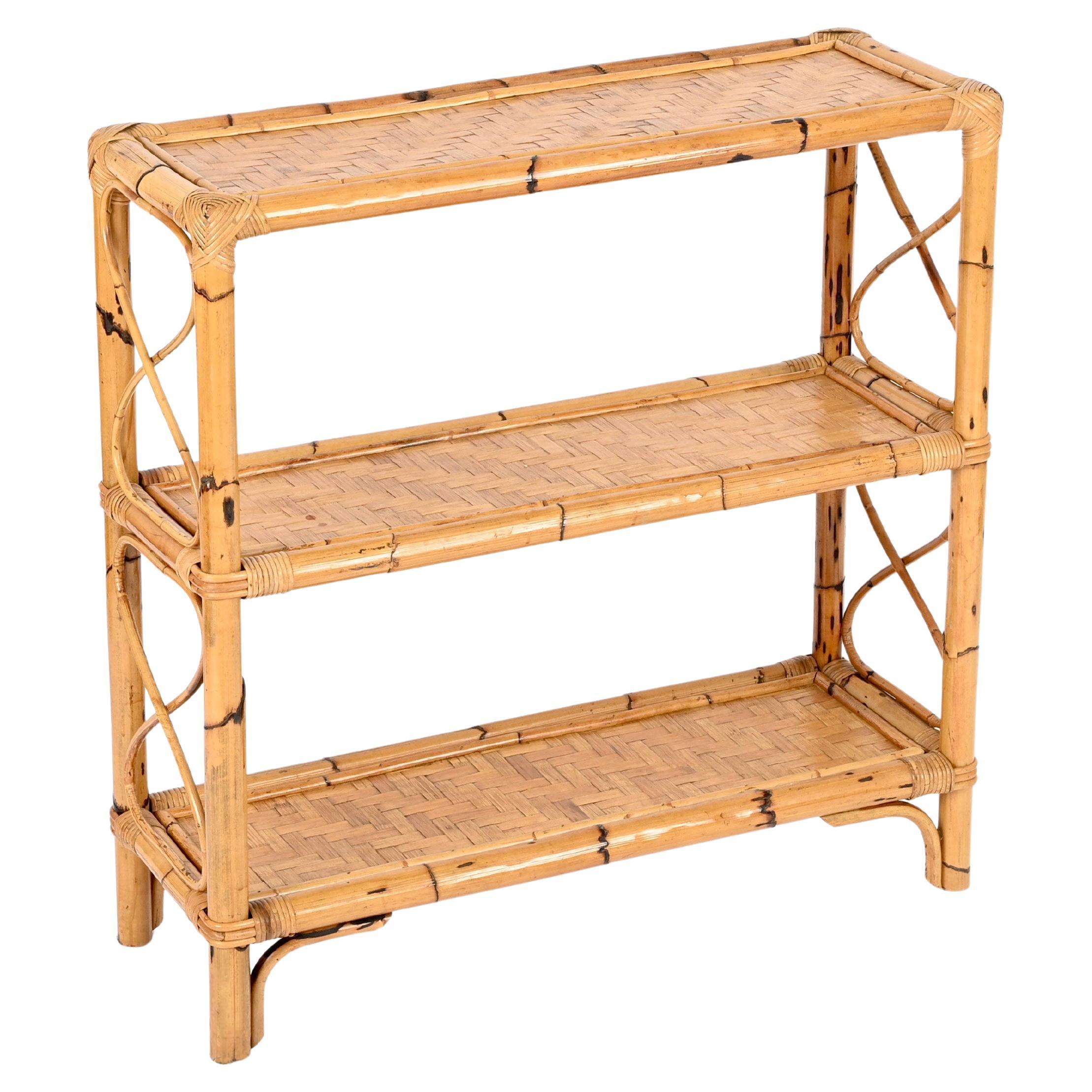 French Riviera Étagère or Console Table in Bamboo and Rattan, Italy, 1970s