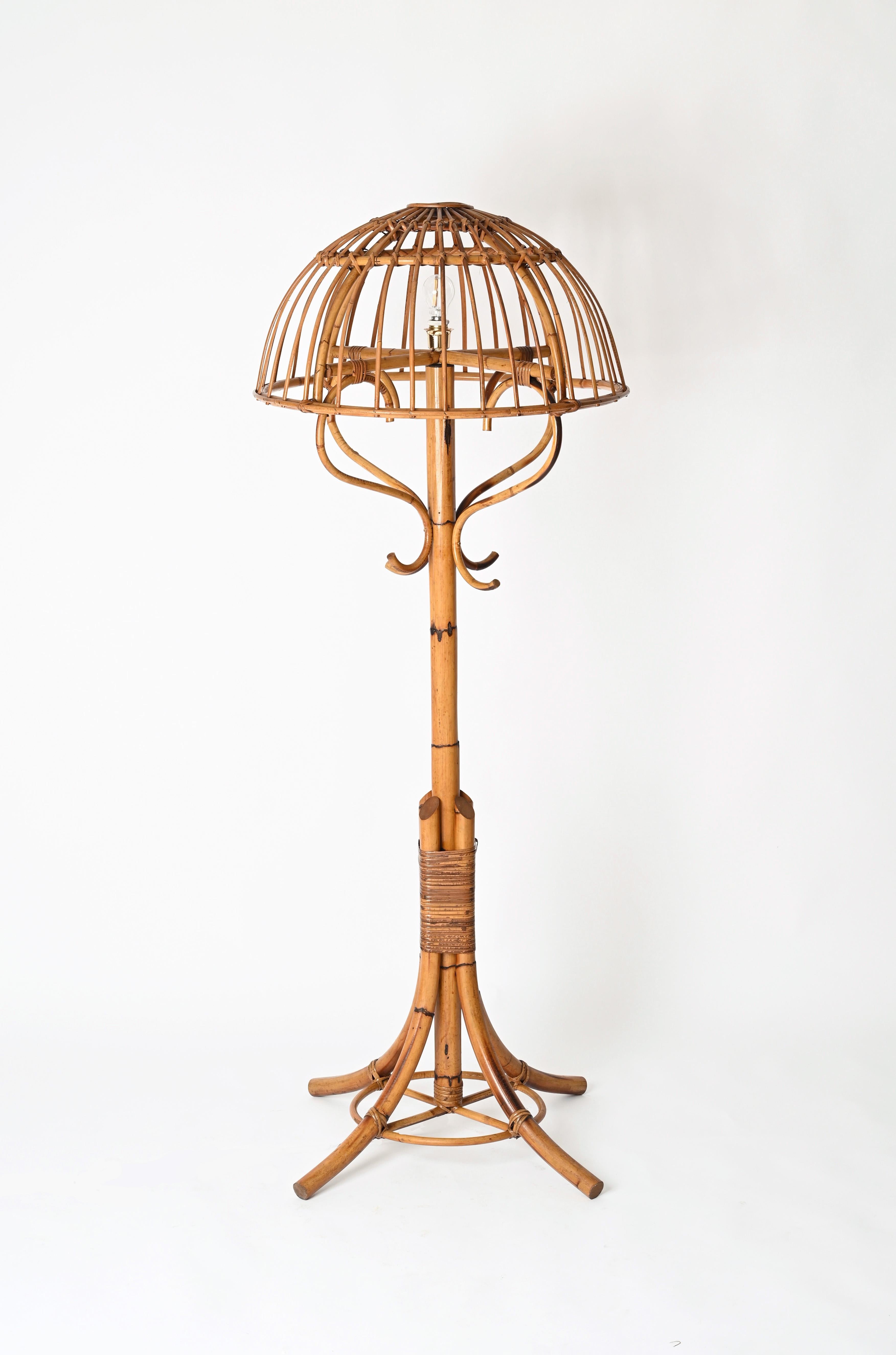 Hand-Crafted French Riviera Floor Lamp in Rattan, Wicker, Bamboo, Sognot Style, Italy 1960s For Sale